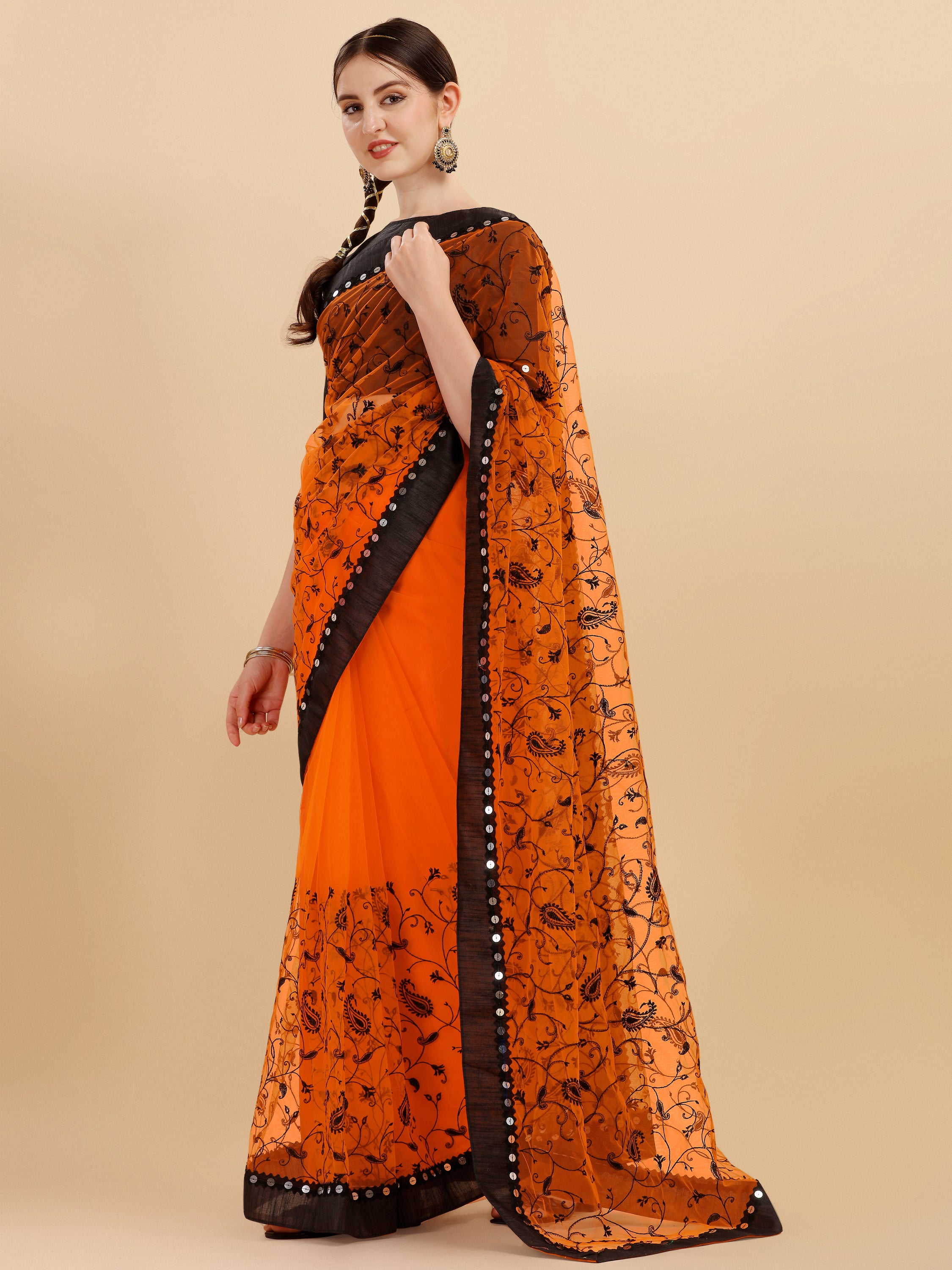 Orange Net saree With Zari Work