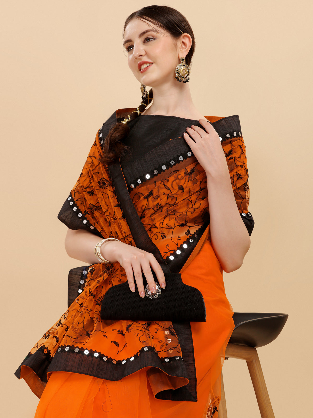 Orange Net saree With Zari Work