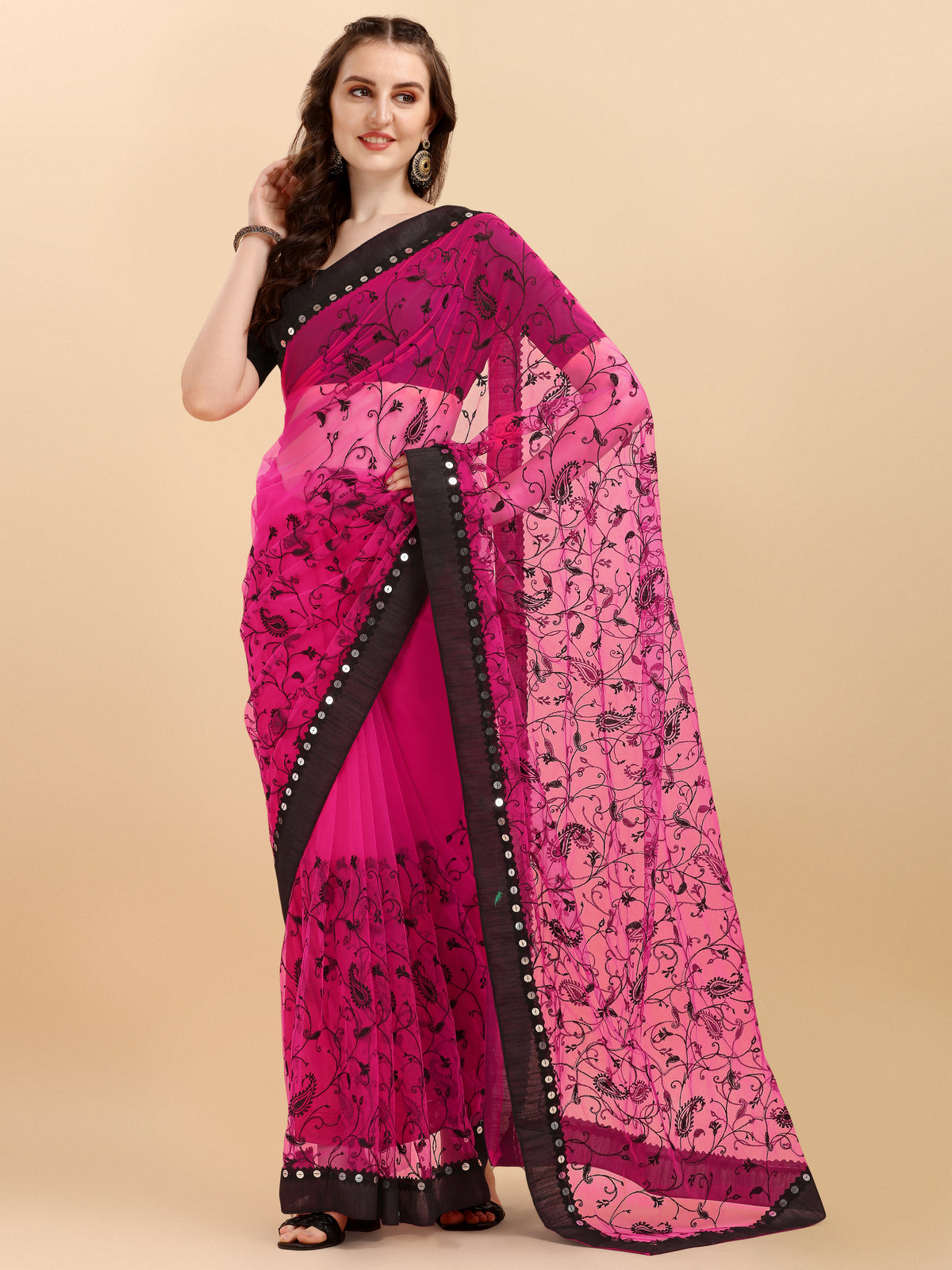 Dark pink Net Saree With Zari work