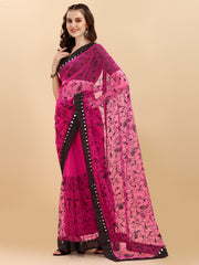 Dark pink Net Saree With Zari work