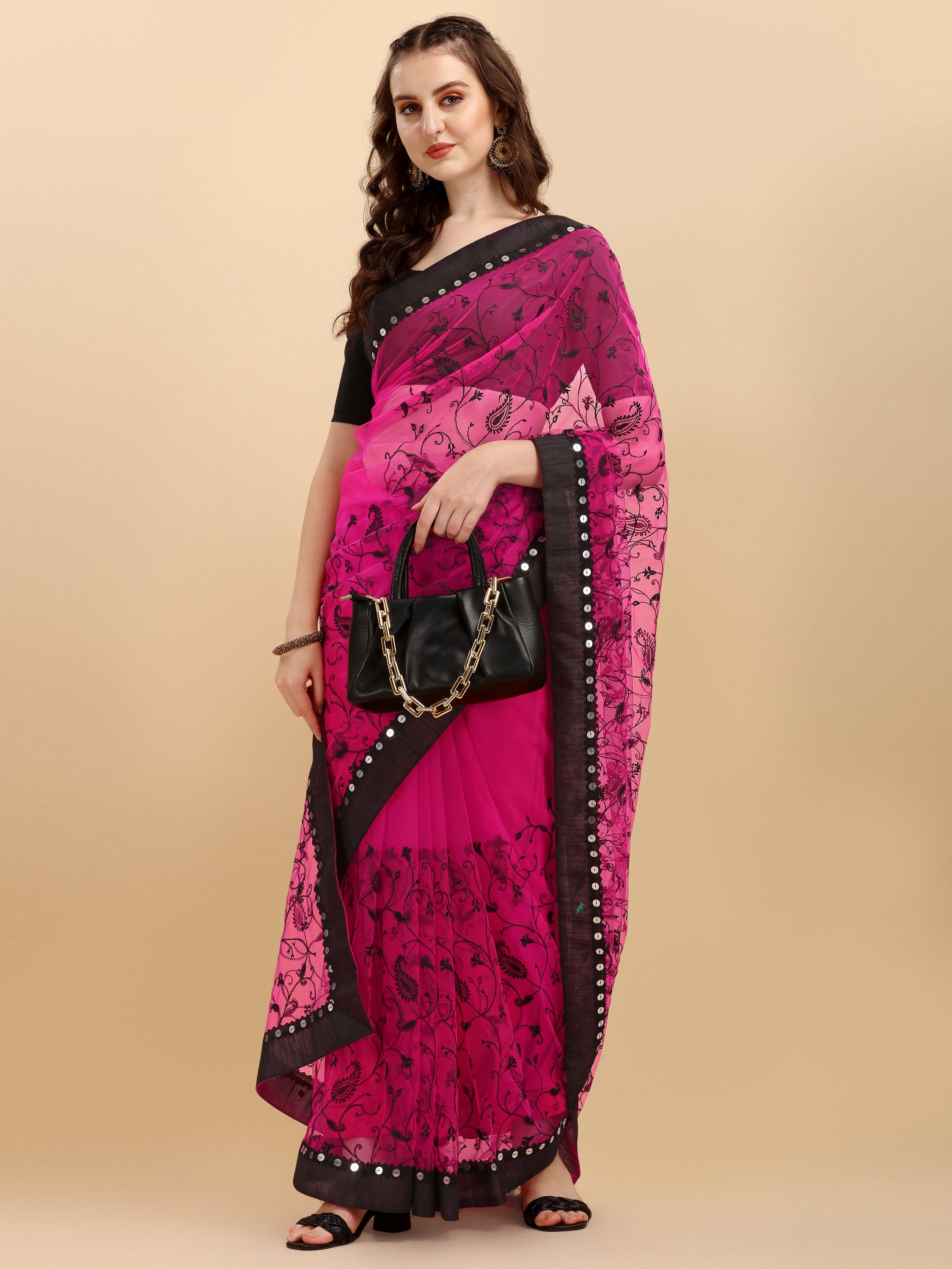 Dark pink Net Saree With Zari work