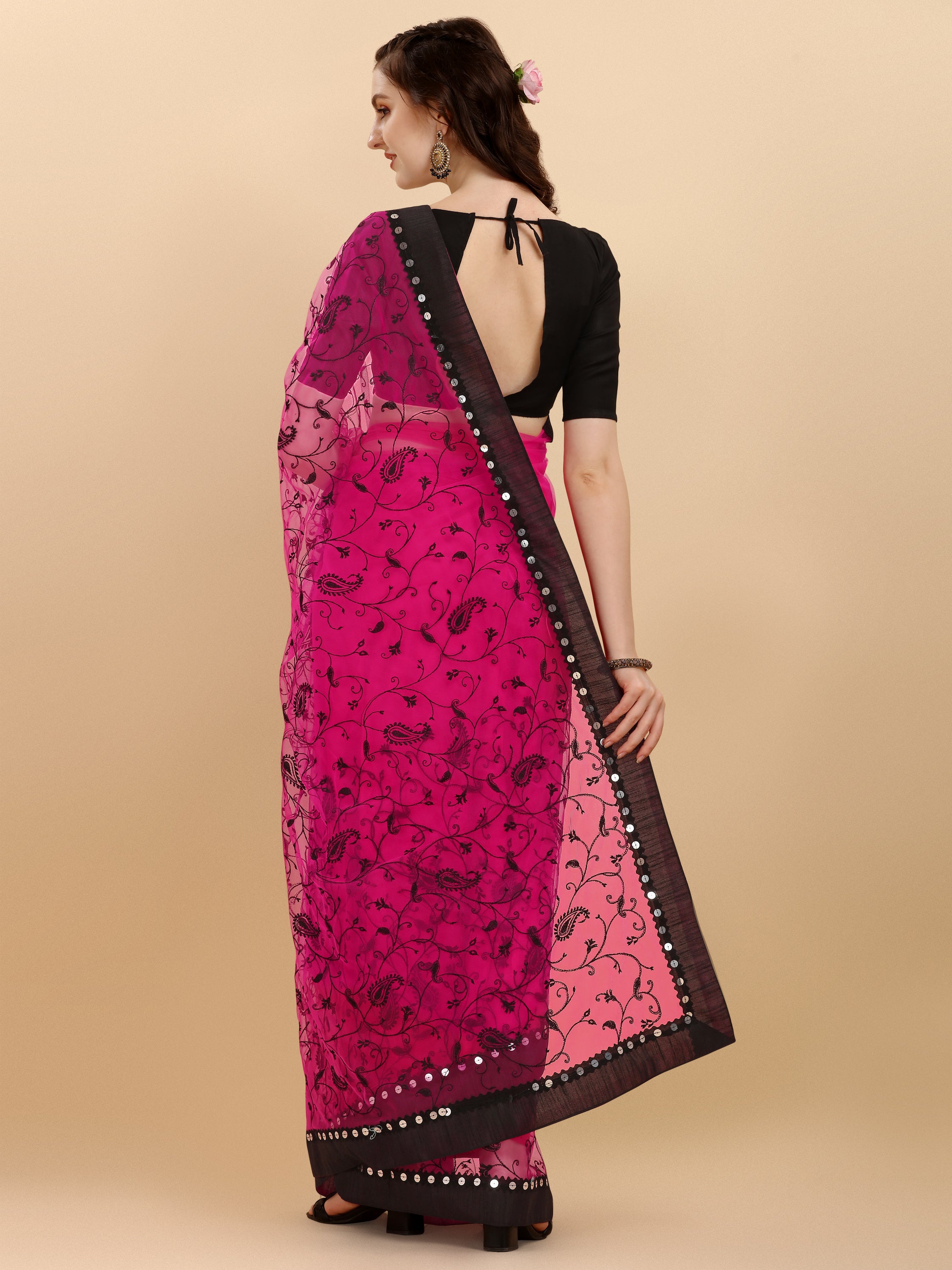 Dark pink Net Saree With Zari work