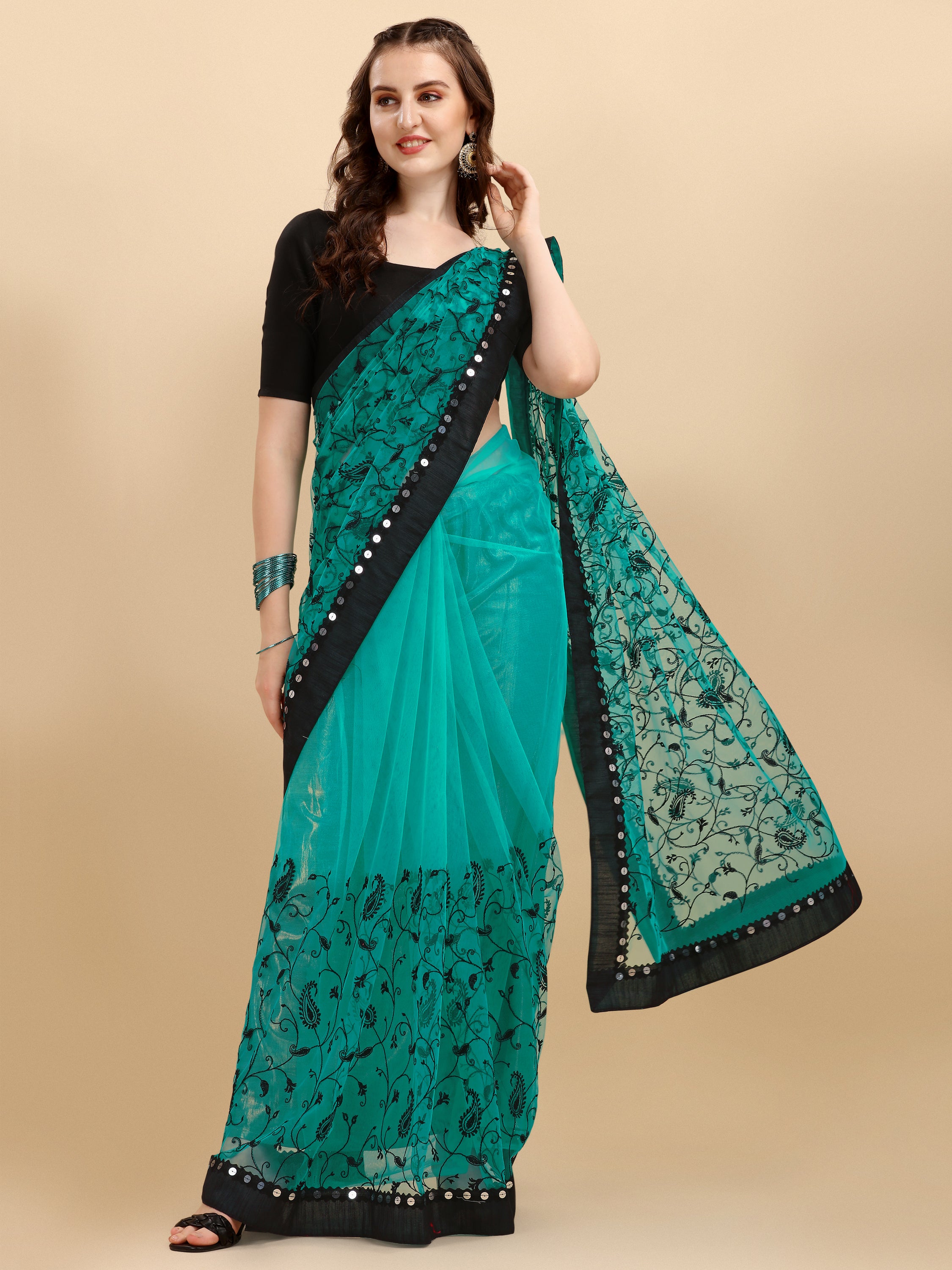 Rama  Net Saree With Zari work