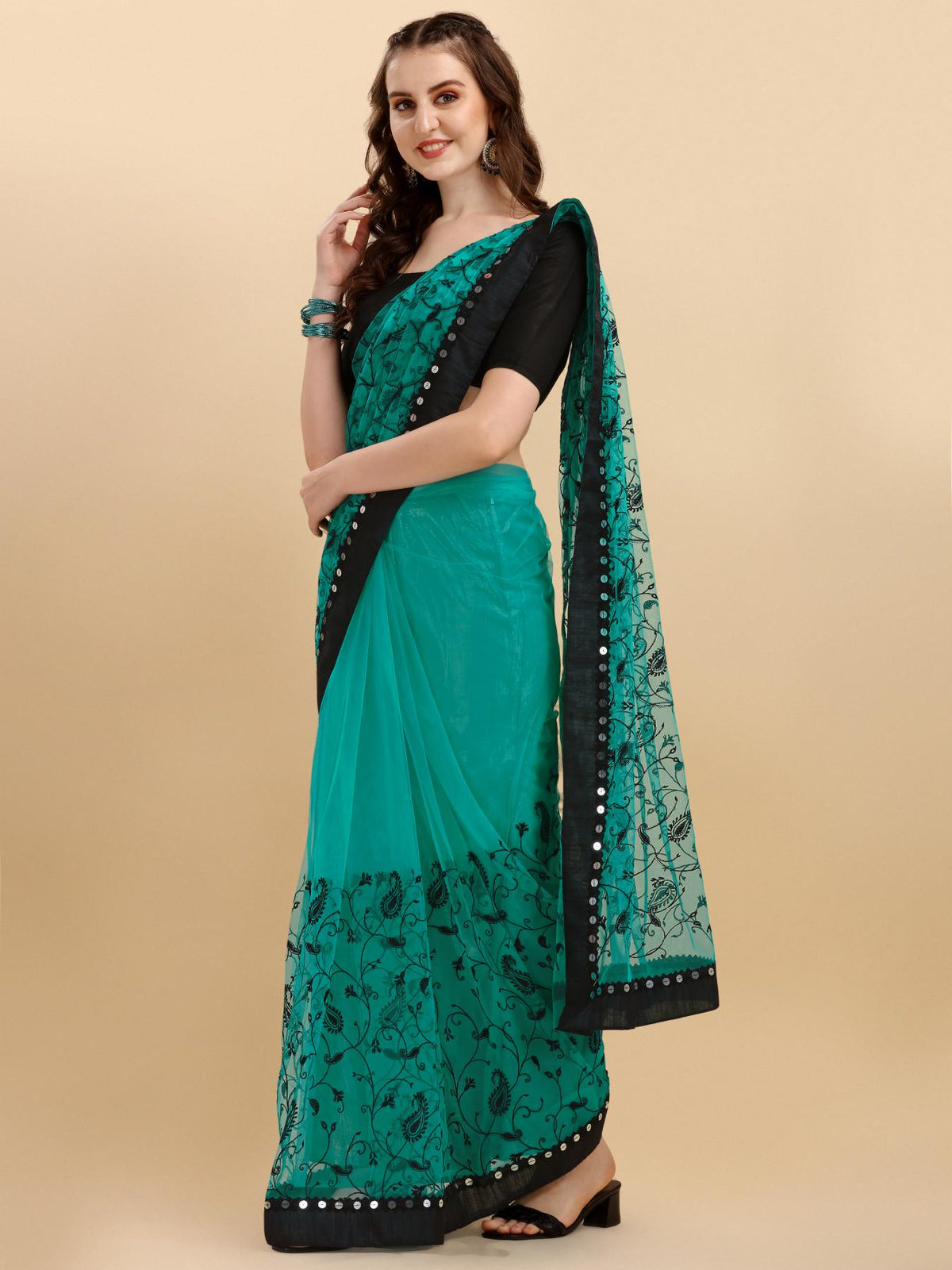 Rama  Net Saree With Zari work