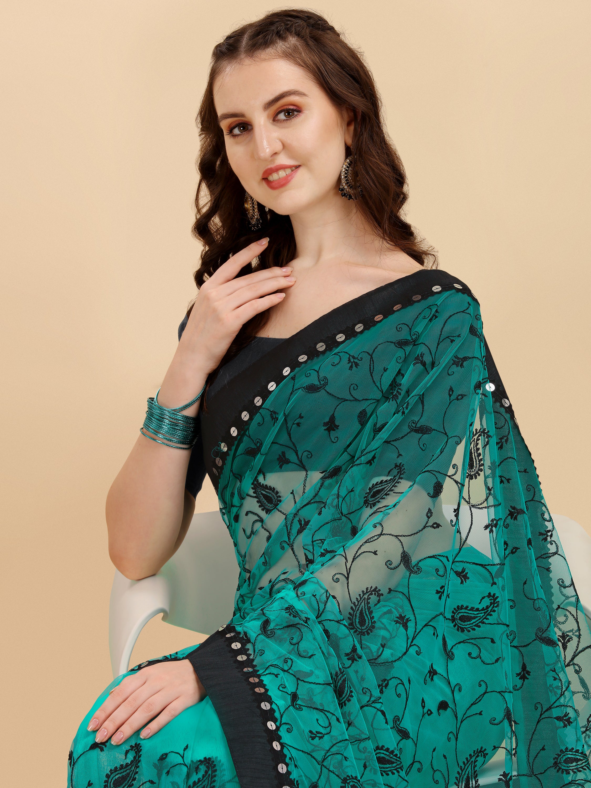 Rama  Net Saree With Zari work