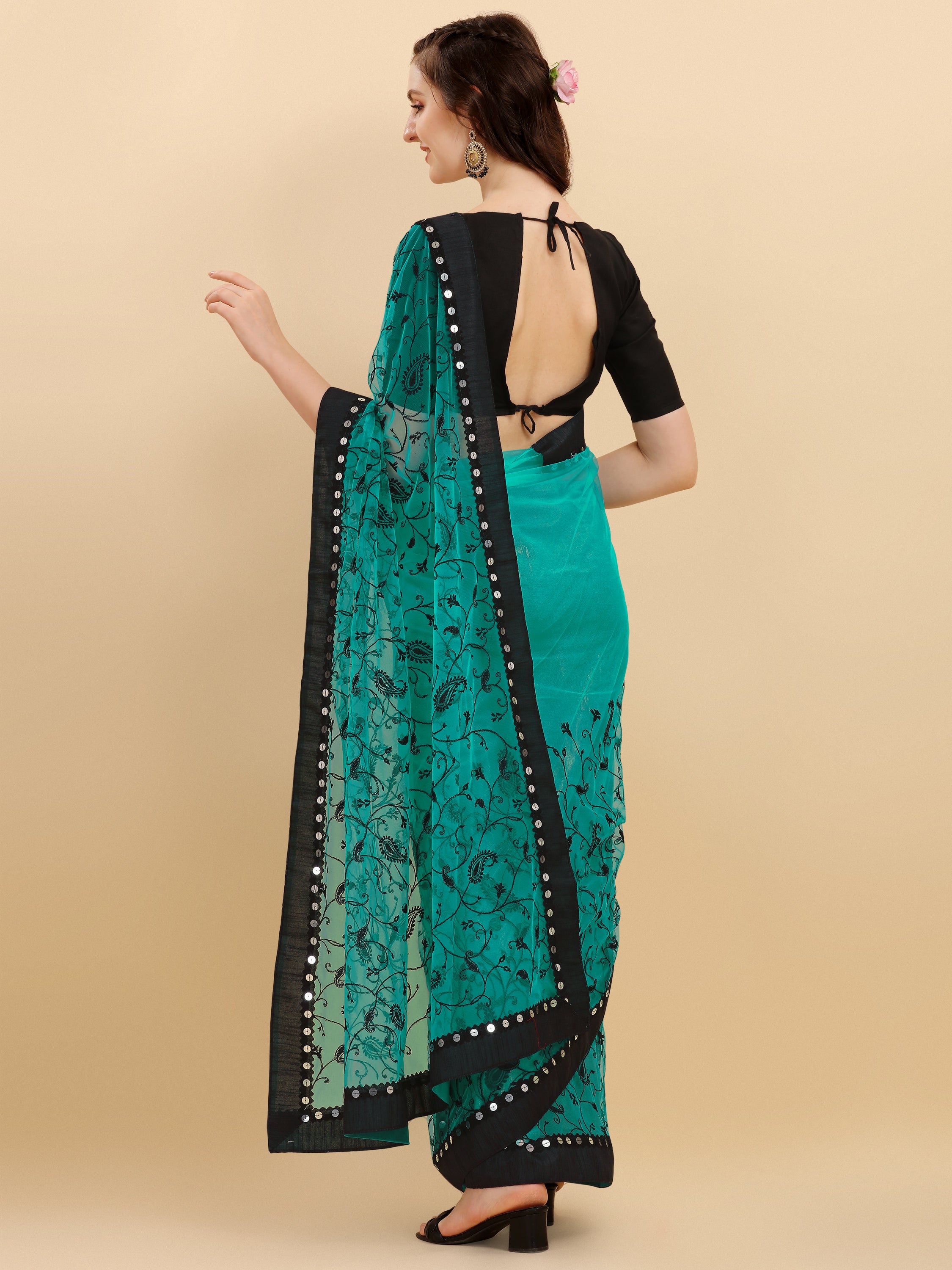 Rama  Net Saree With Zari work