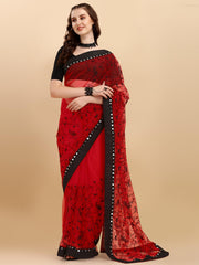 Red pink Net Saree With Zari work