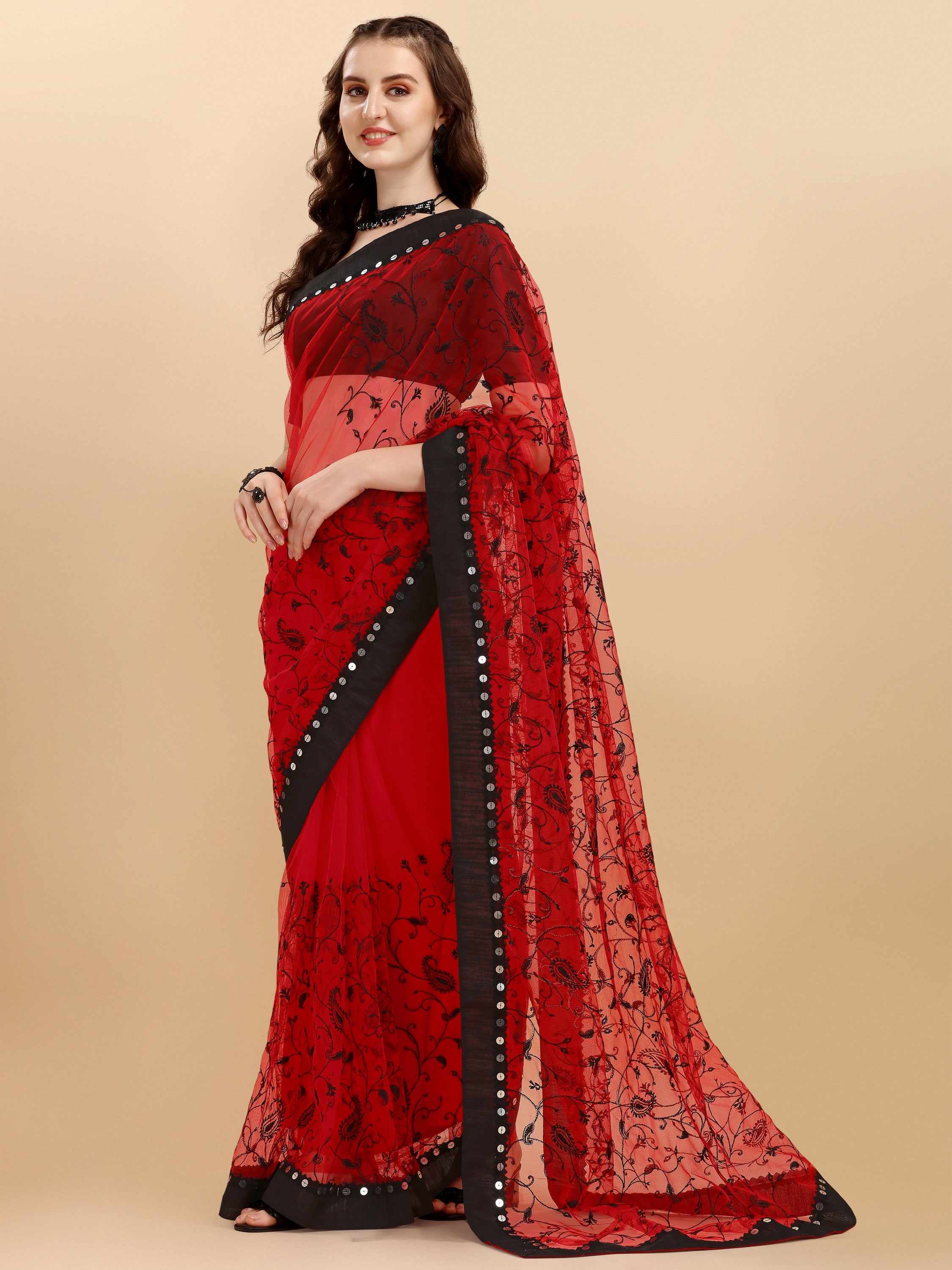 Red pink Net Saree With Zari work