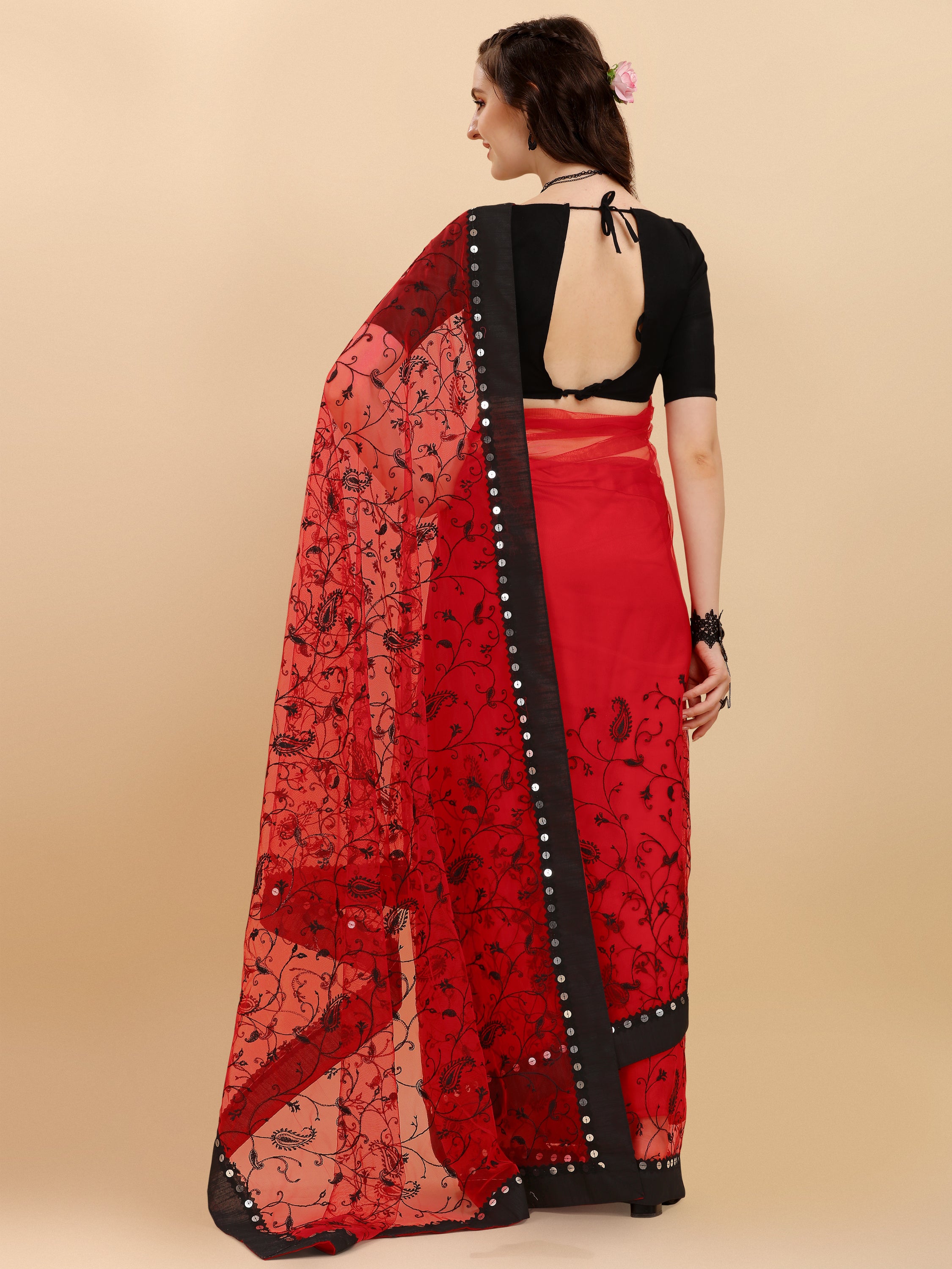 Red pink Net Saree With Zari work