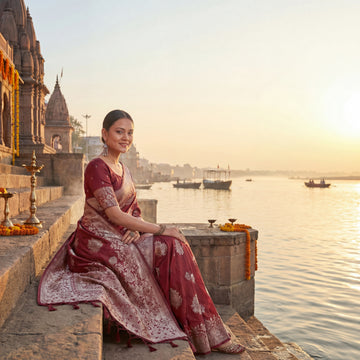 Dark Red Banarasi Silk Gold Zari work Saree
