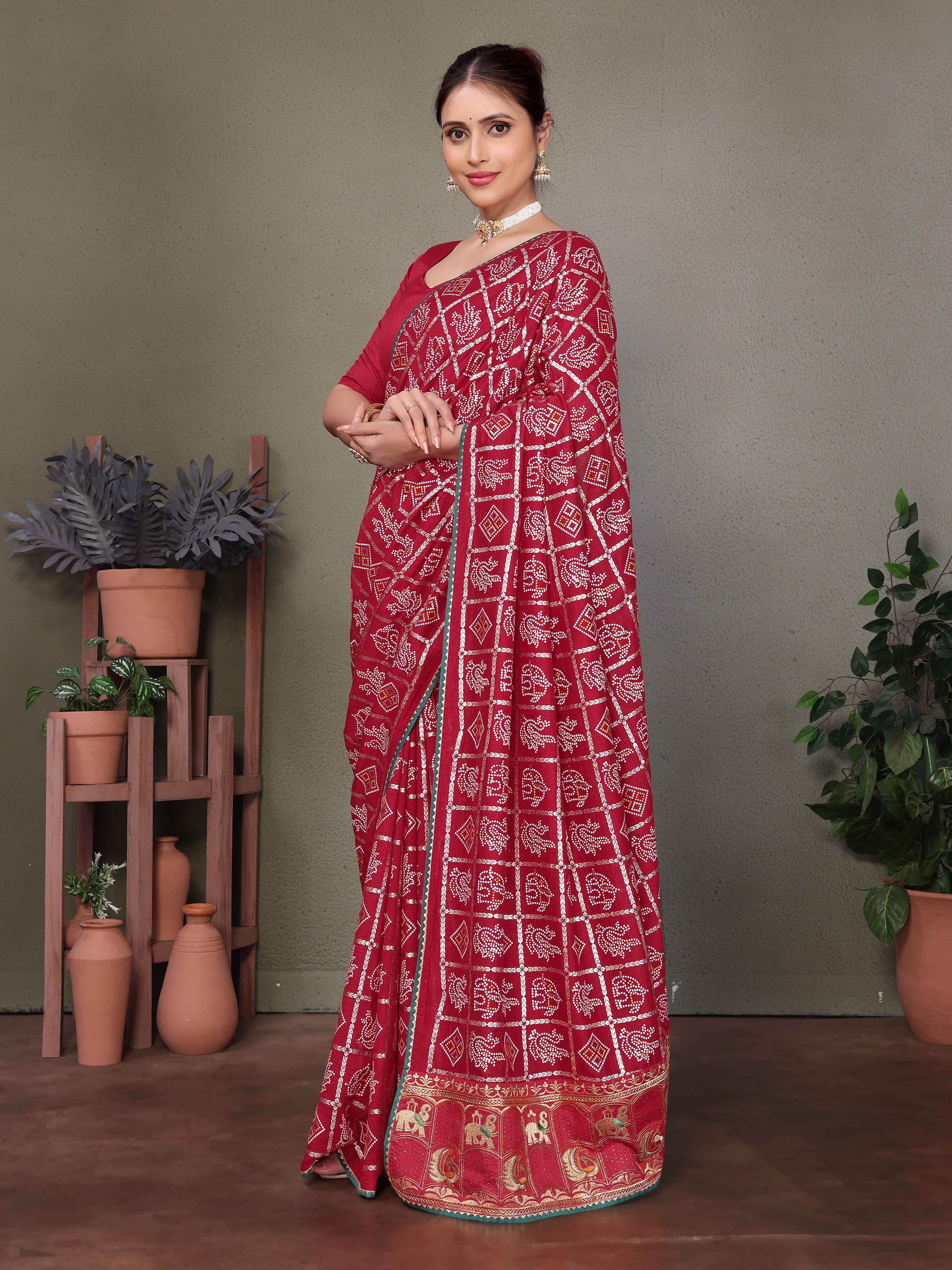 Maroon Gujarati Bandhej Hand Print Saree For Women
