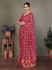 Maroon Gujarati Bandhej Hand Print Saree For Women