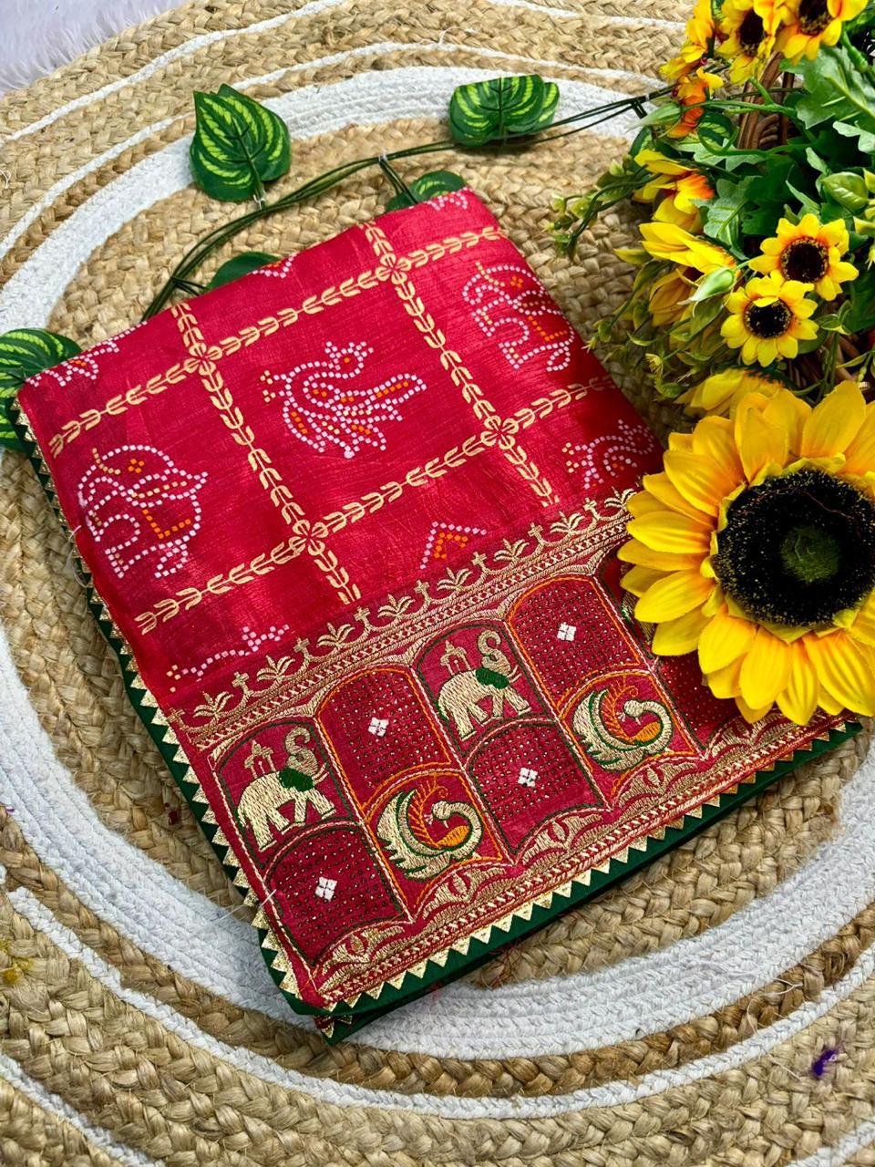 Maroon Gujarati Bandhej Saree For Women