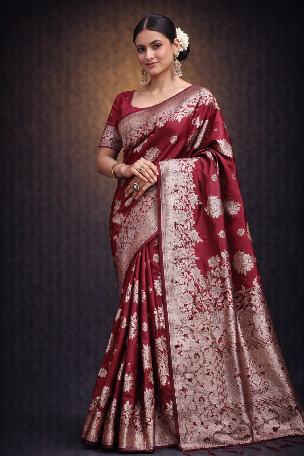 Dark Red Banarasi Silk Gold Zari work Saree