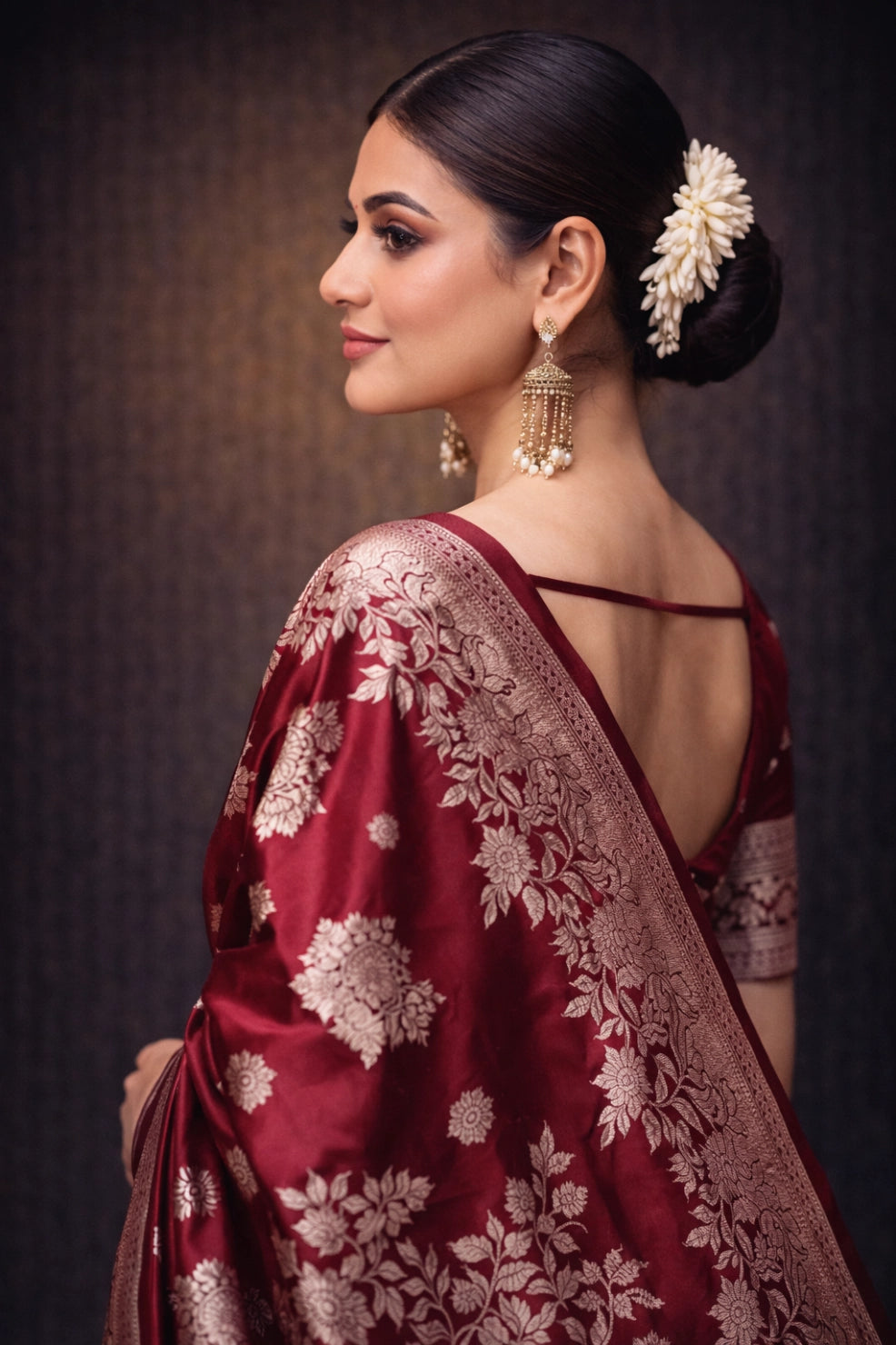 Dark Red Banarasi Silk Gold Zari work Saree