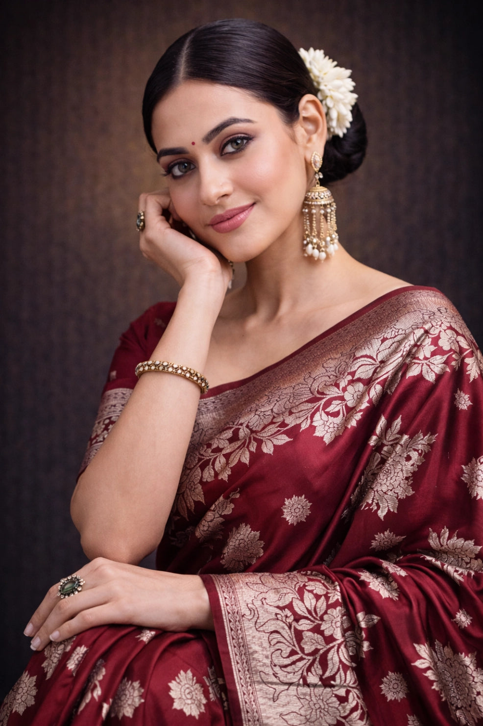 Dark Red Banarasi Silk Gold Zari work Saree