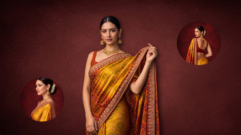 Yellow-Red Chinon Silk Bandhani Printed Saree