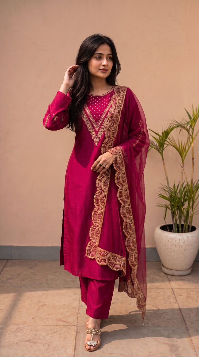 Maroon Silk Stitched Set Set