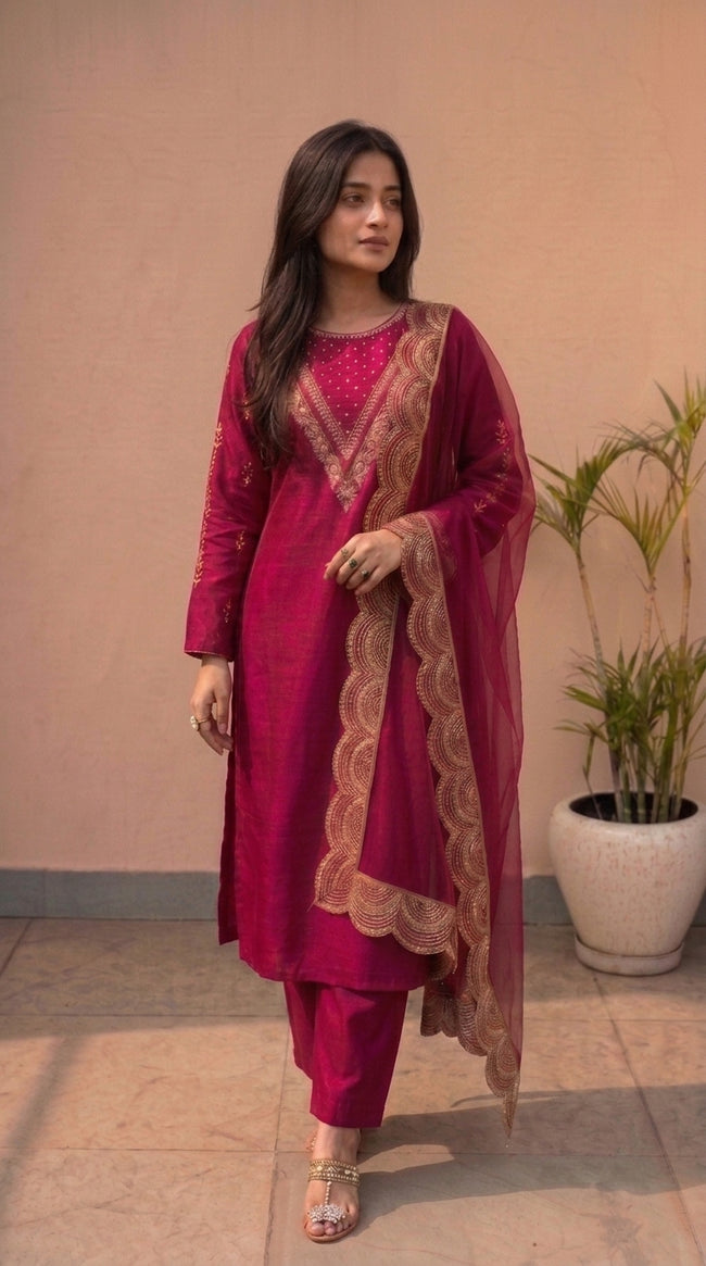 Maroon Silk Stitched Set Set