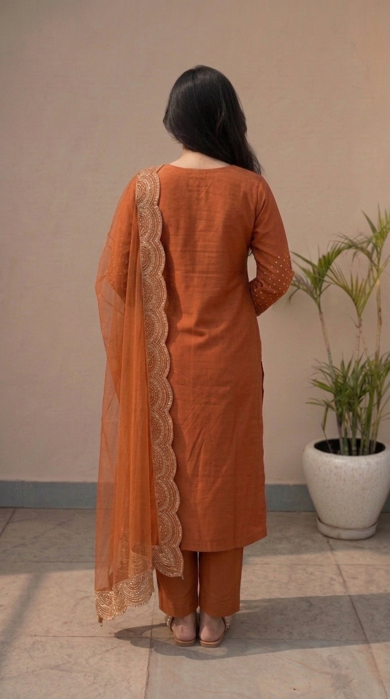Orange Silk Stitched Set Set
