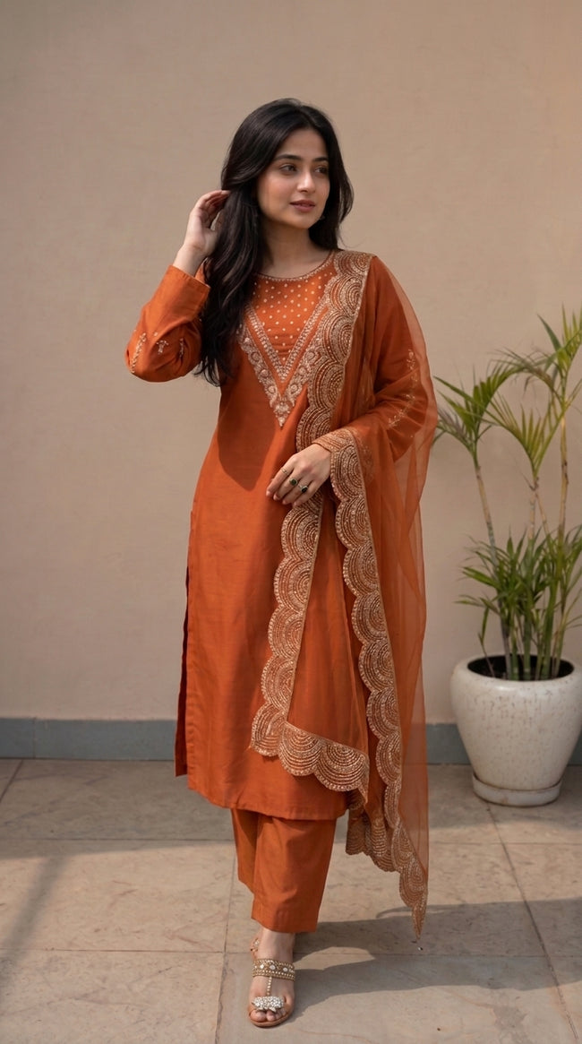 Orange Silk Stitched Set Set