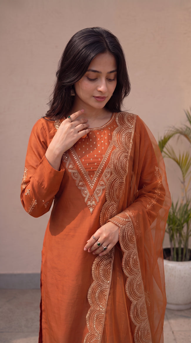 Orange Silk Stitched Set Set