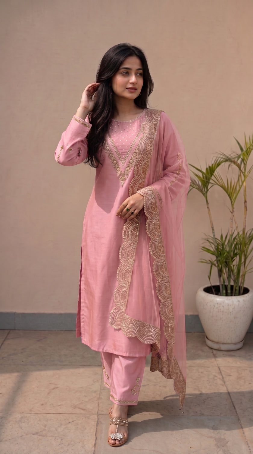 Pink Silk Stitched Set Set