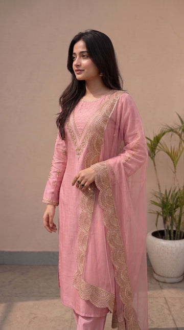 Pink Silk Stitched Set Set
