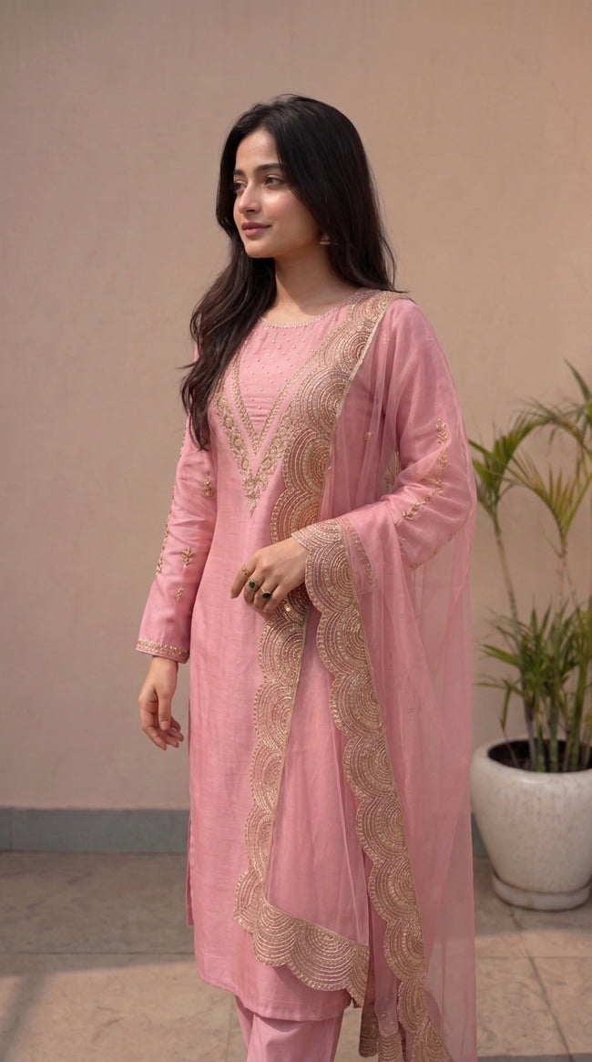 Pink Silk Stitched Set Set