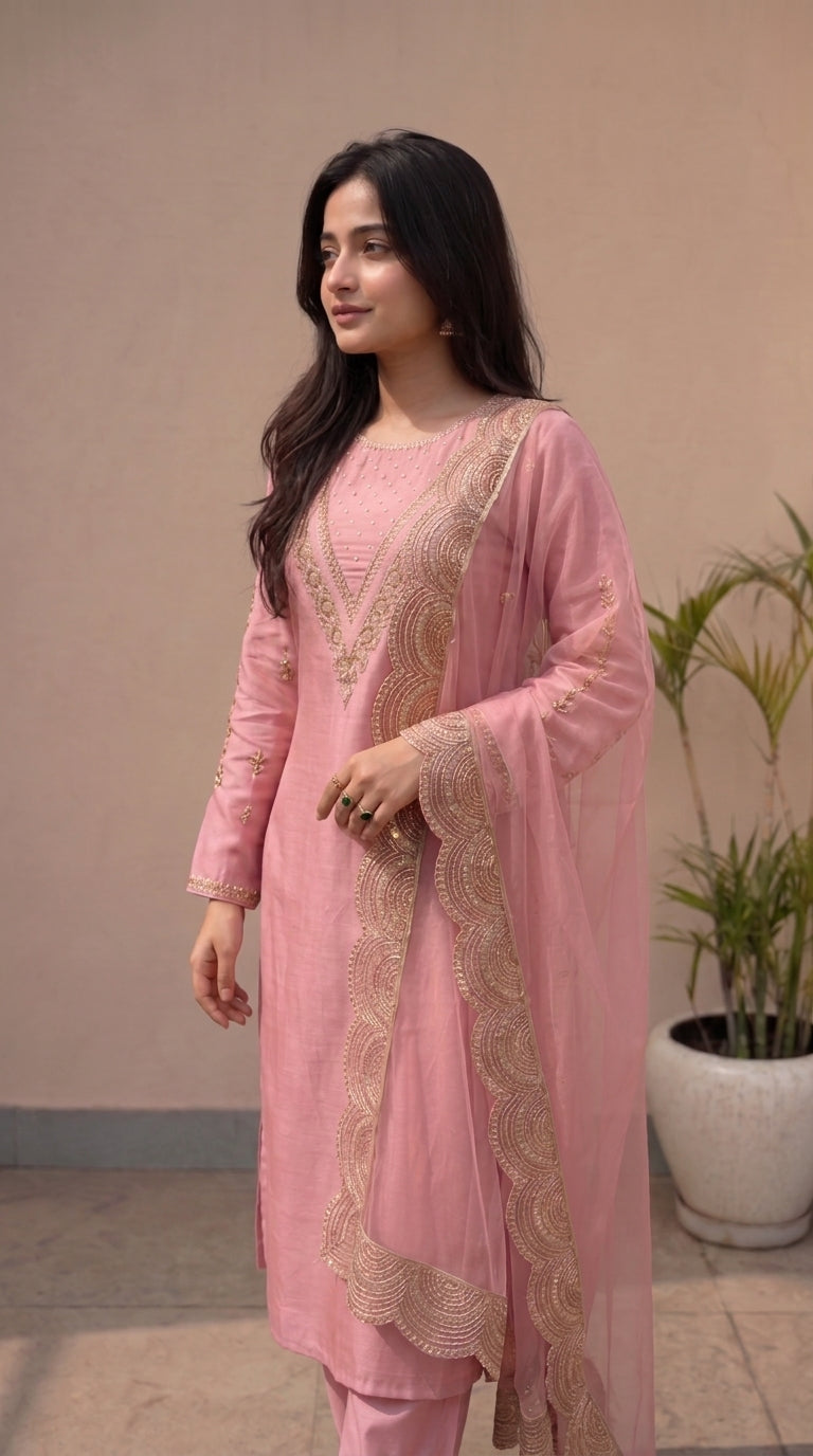 Pink Silk Stitched Set Set