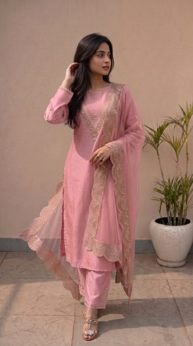 Pink Silk Stitched Set Set