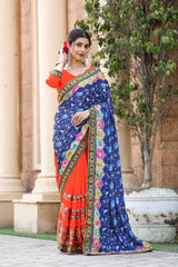 Blue and Orange Georgette Half And Half Saree