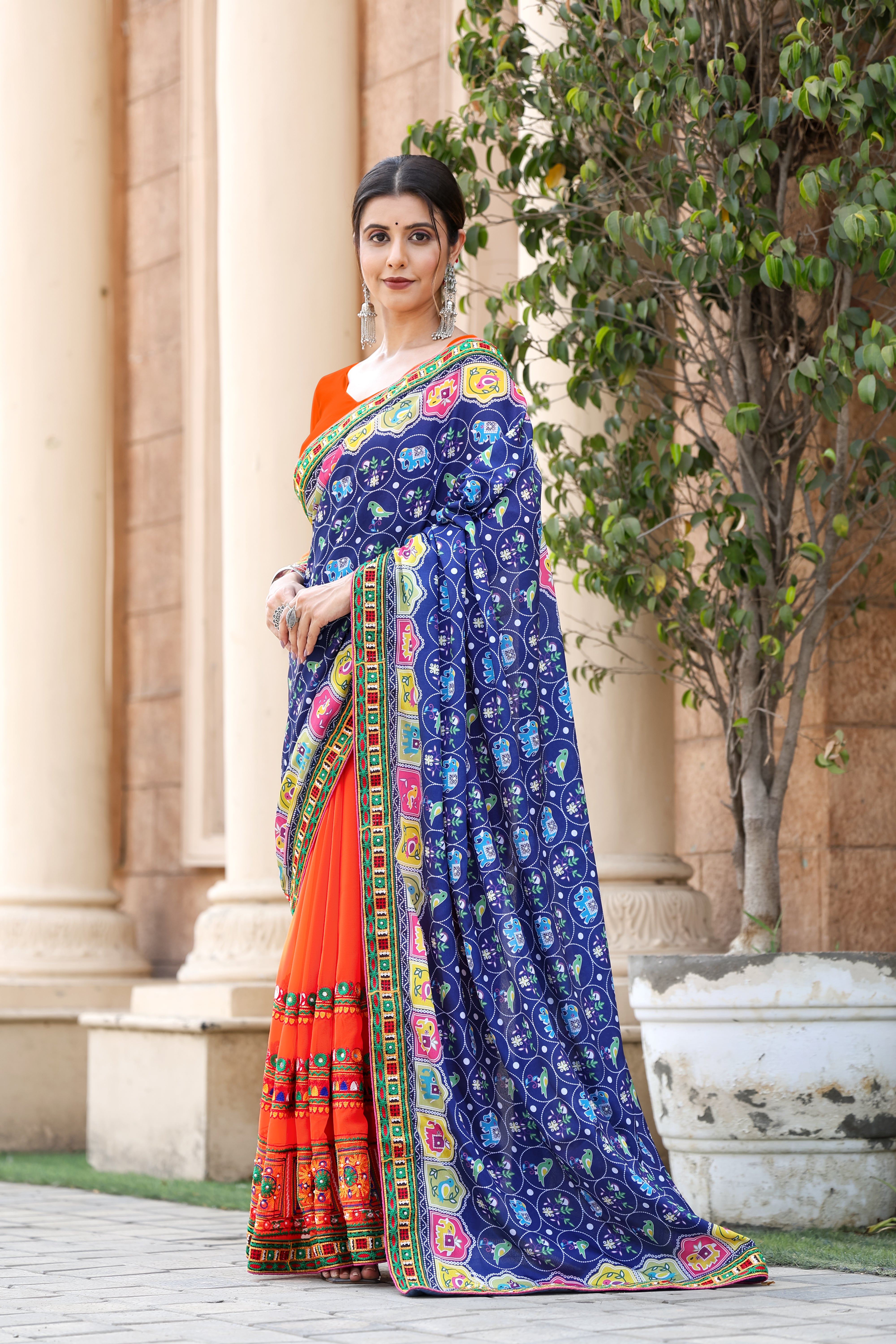 Blue and Orange Georgette Half And Half Saree