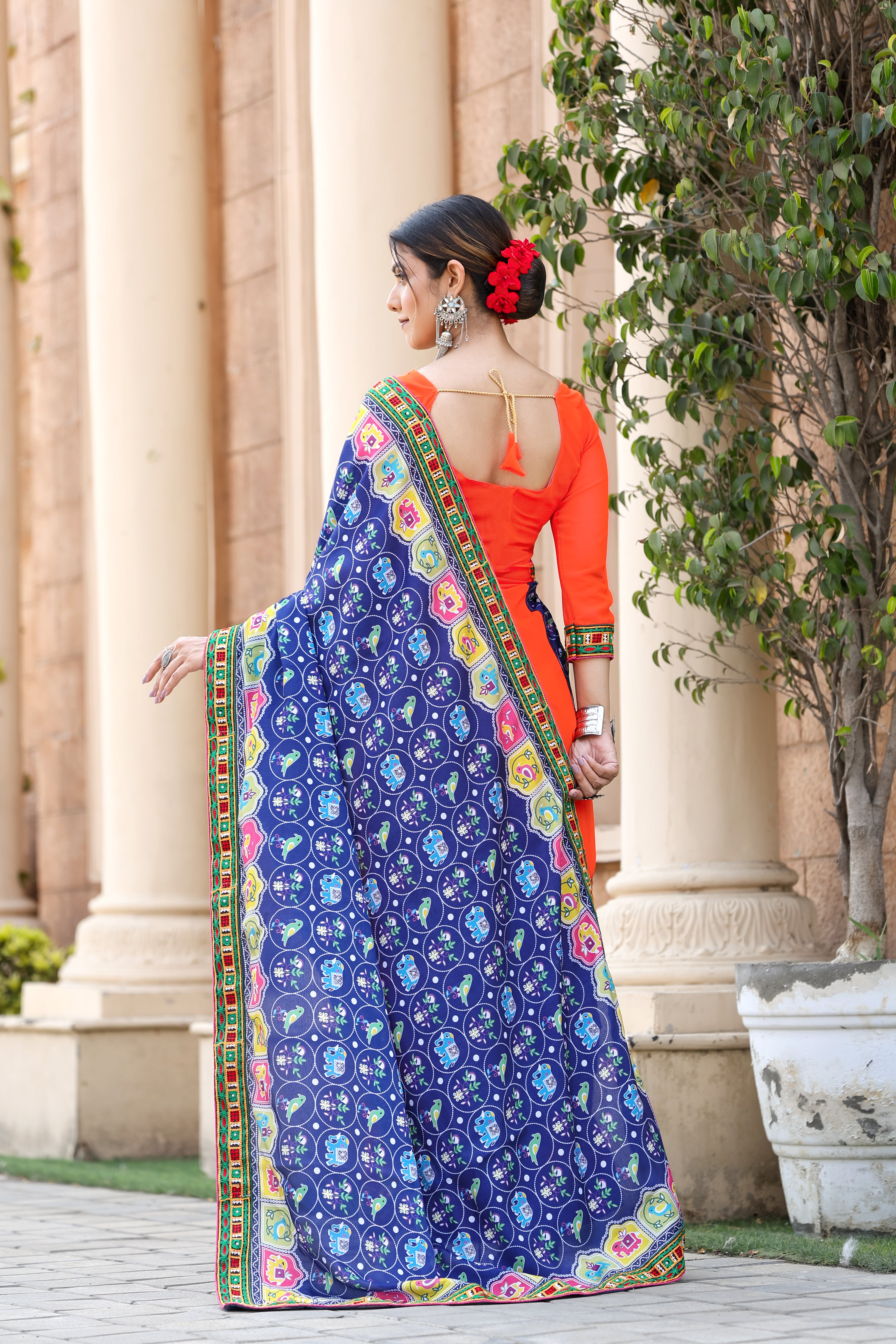 Blue and Orange Georgette Half And Half Saree