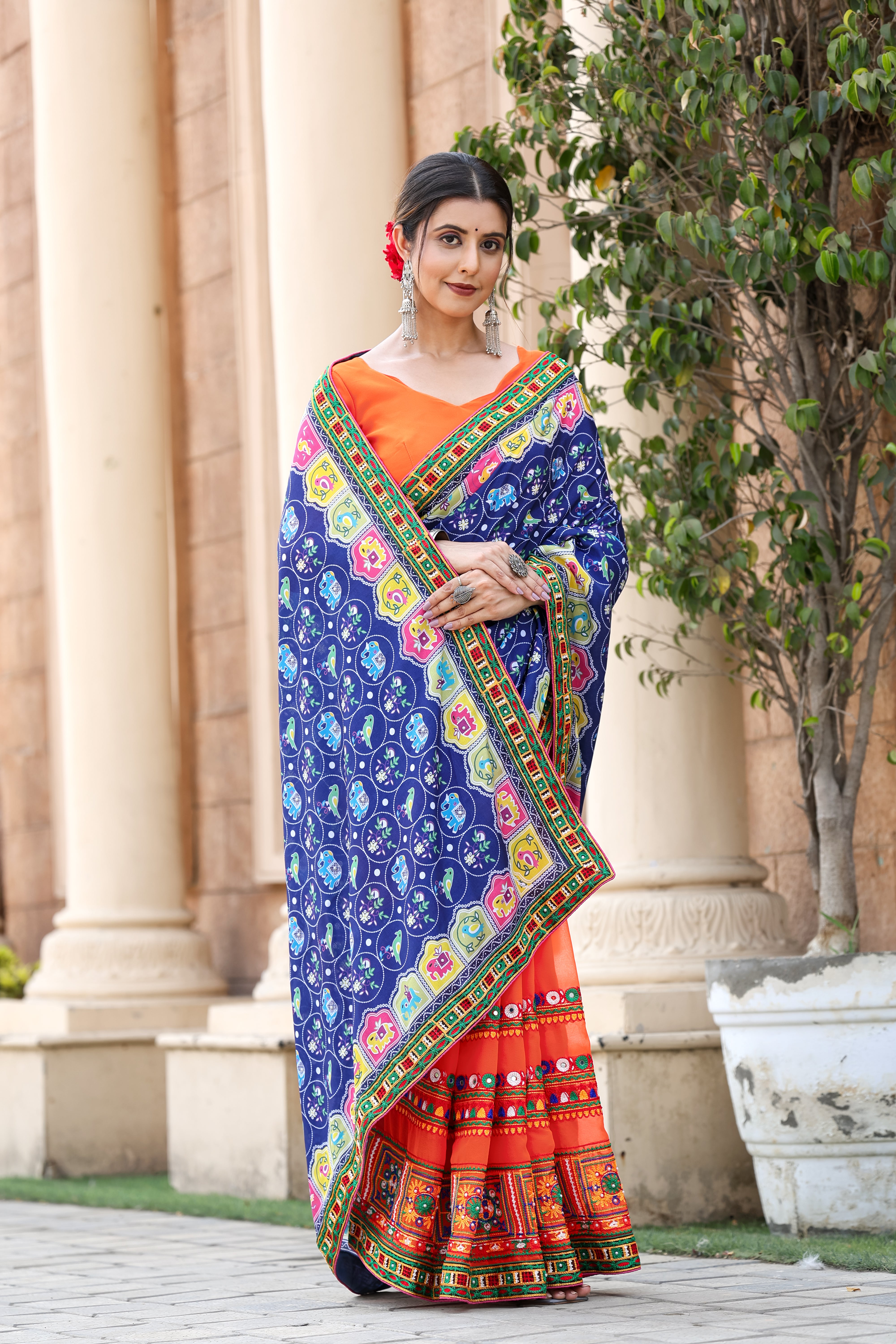 Blue and Orange Georgette Half And Half Saree