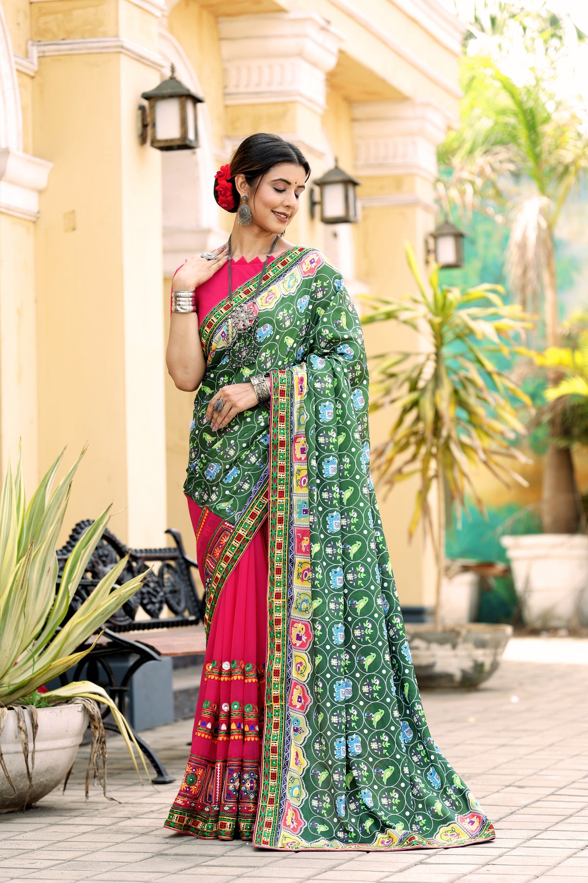 Green and Pink Georgette Half And Half Saree