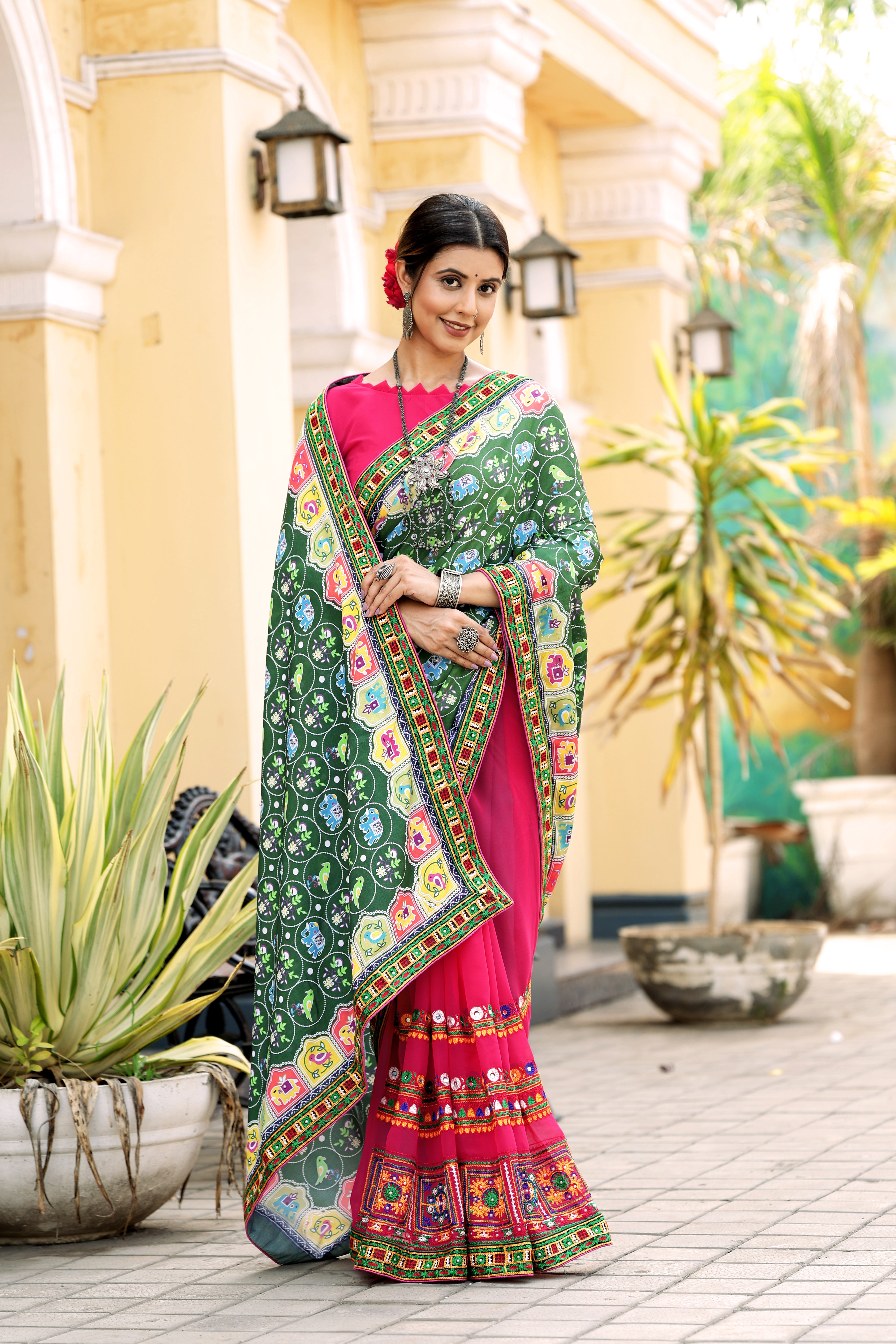 Green and Pink Georgette Half And Half Saree