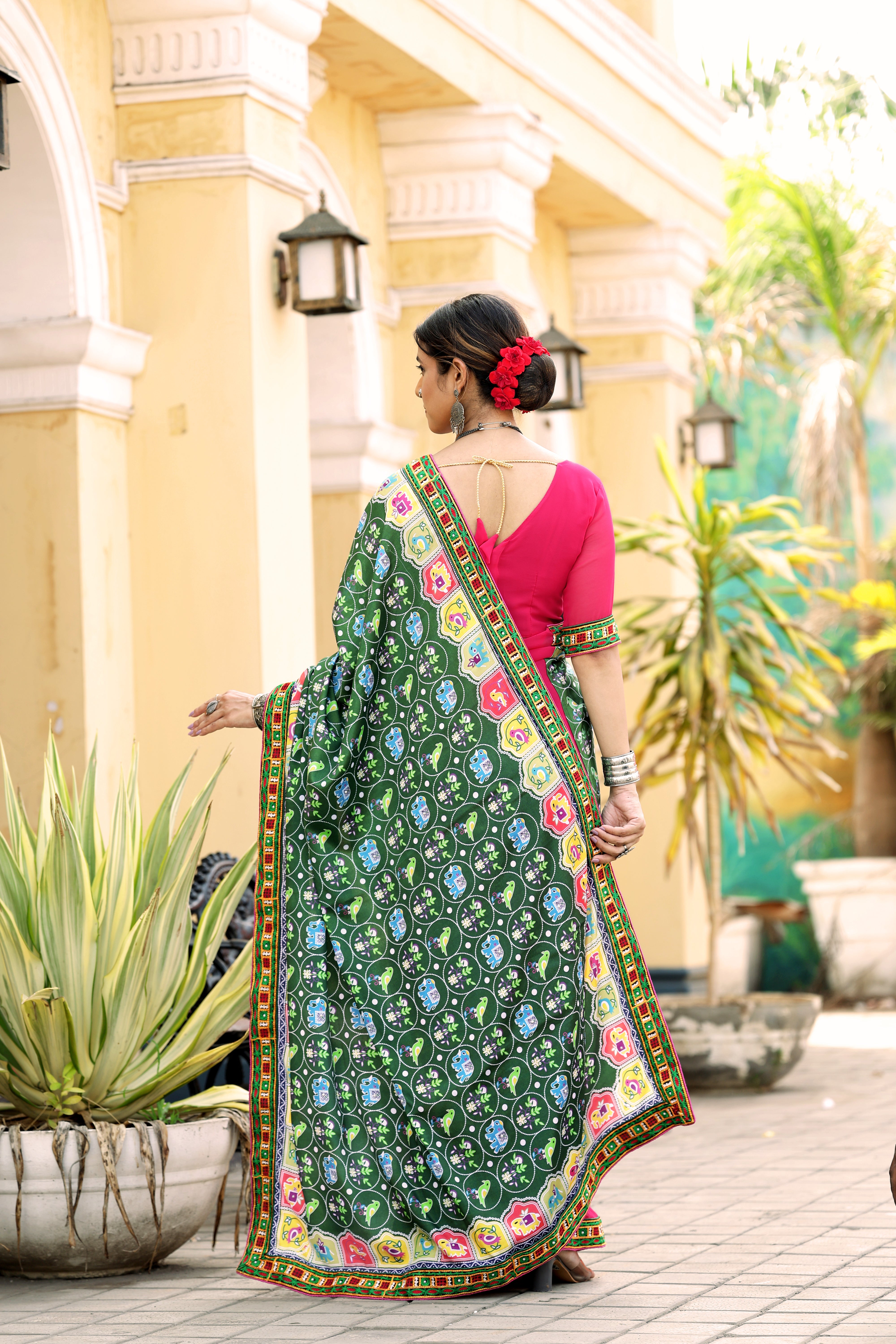 Green and Pink Georgette Half And Half Saree