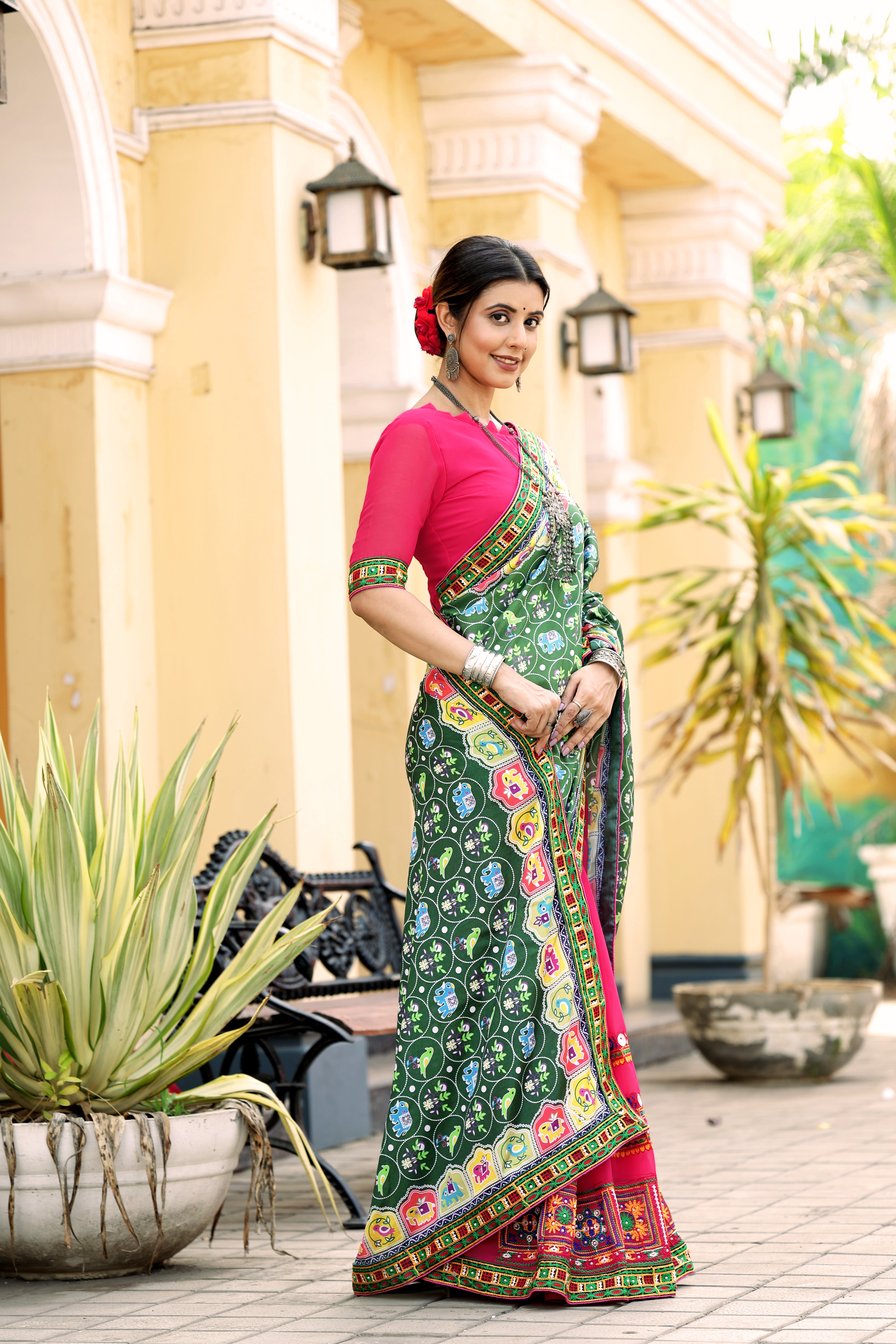 Green and Pink Georgette Half And Half Saree