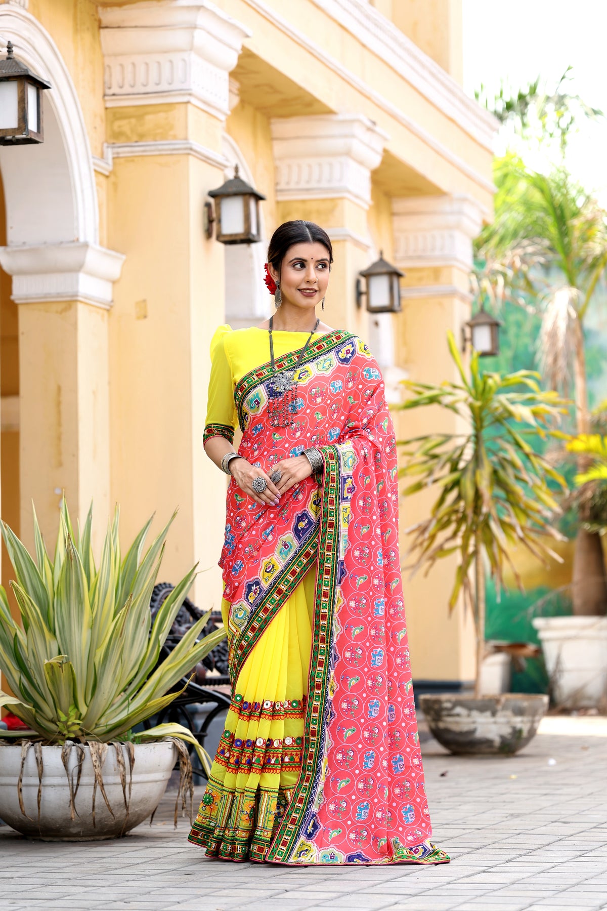 Peach and Yellow Georgette Half And Half Saree