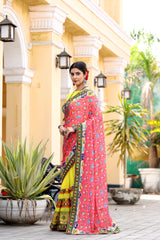 Peach and Yellow Georgette Half And Half Saree