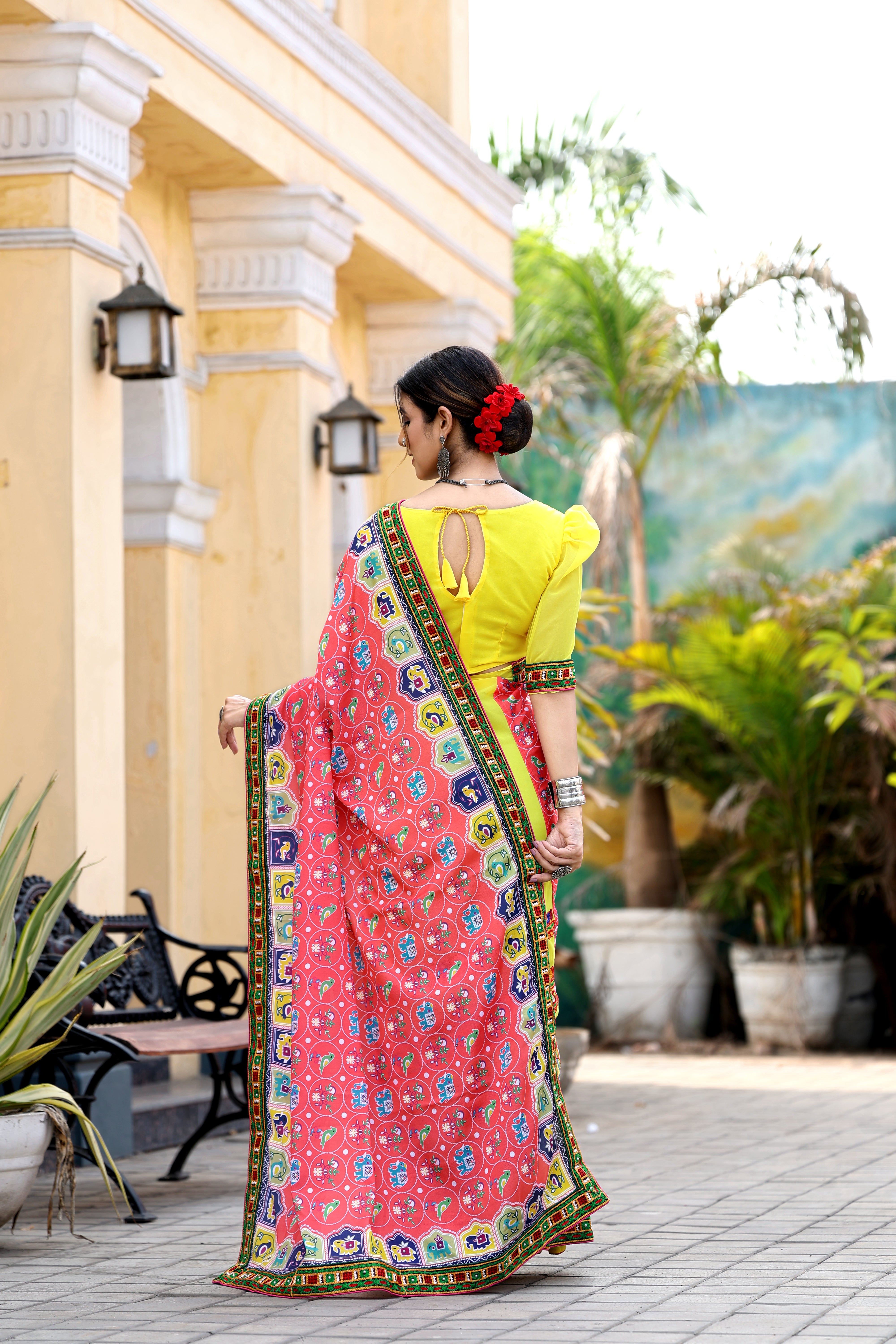 Peach and Yellow Georgette Half And Half Saree