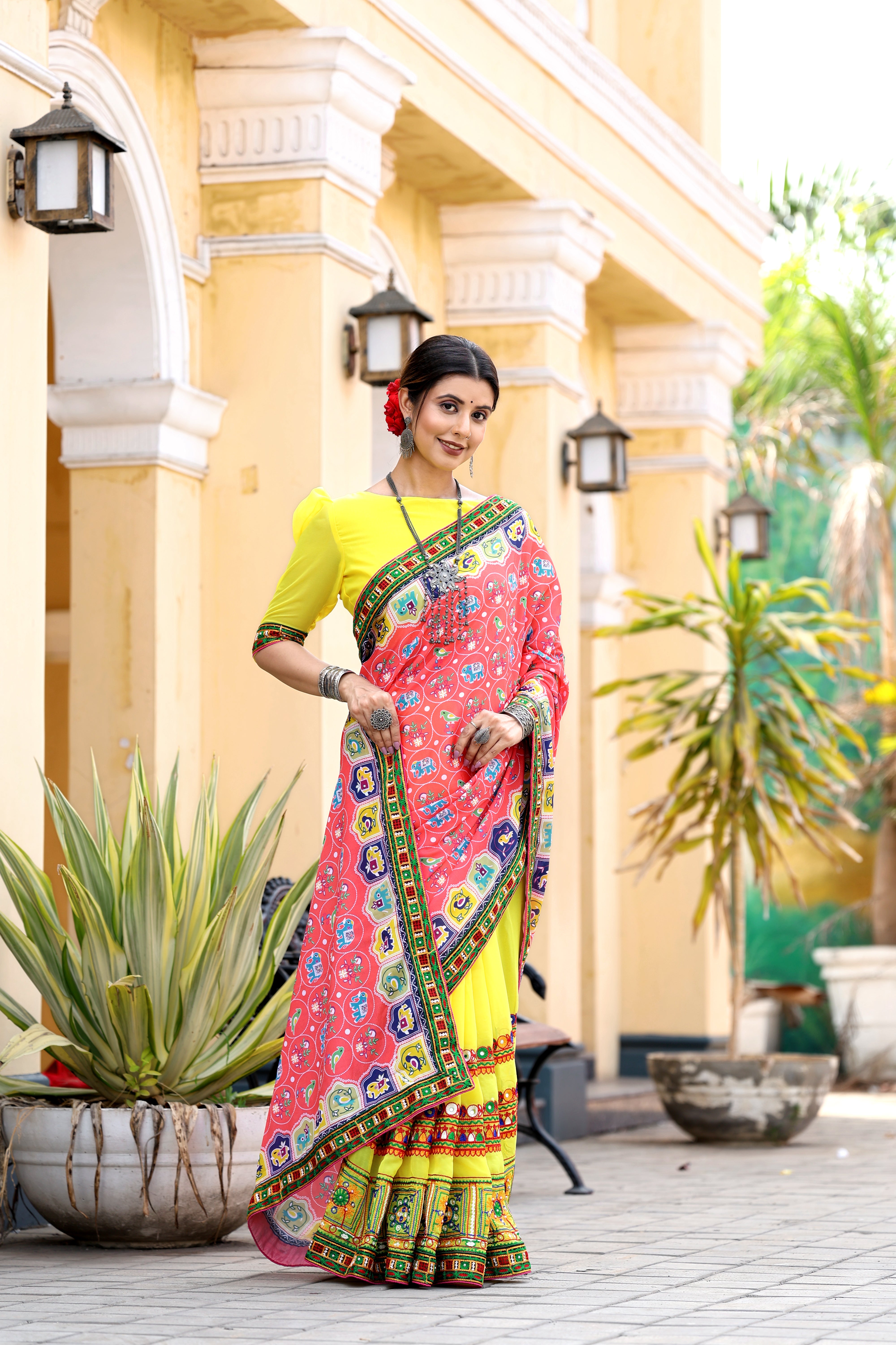 Peach and Yellow Georgette Half And Half Saree