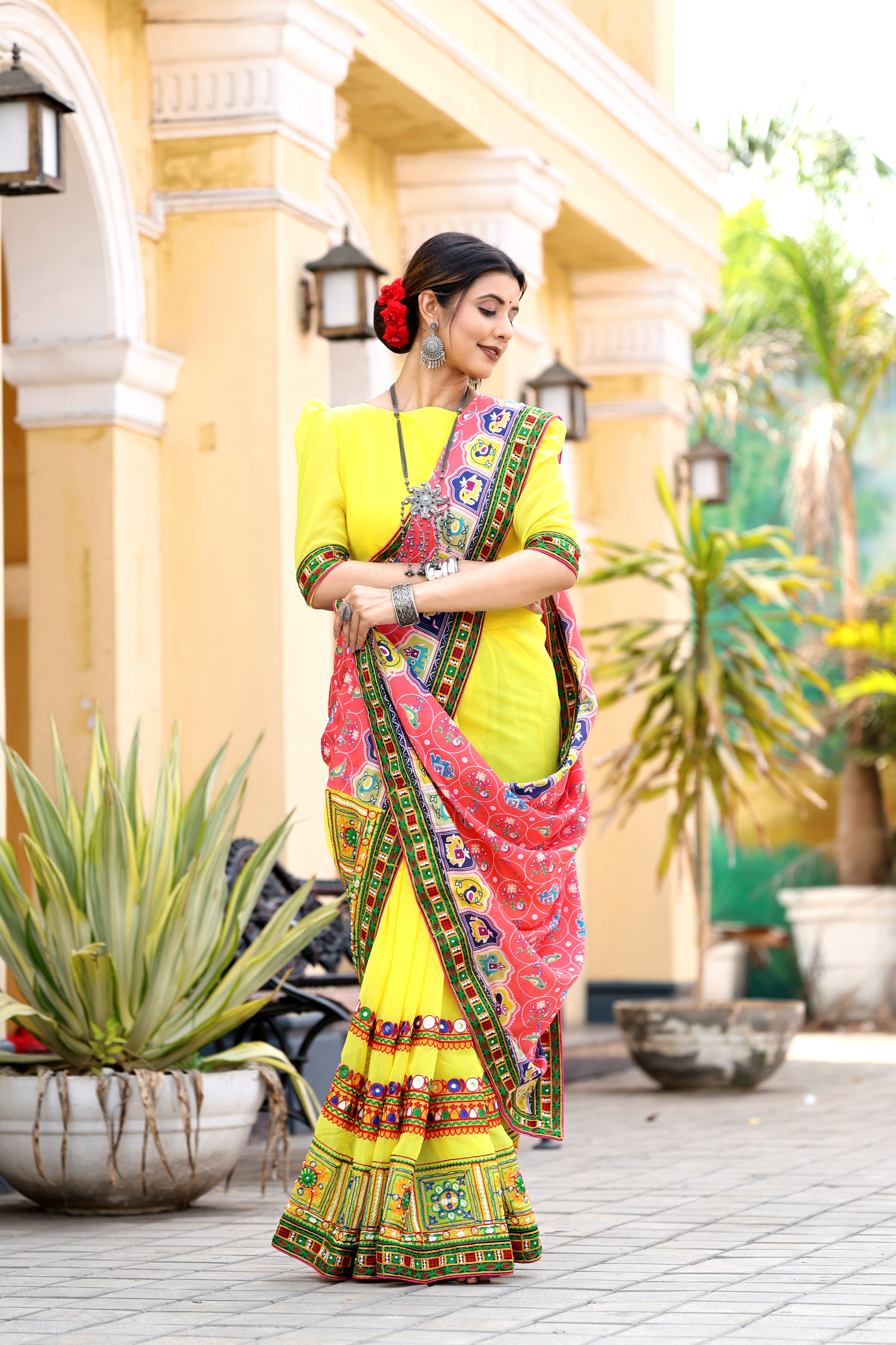 Peach and Yellow Georgette Half And Half Saree