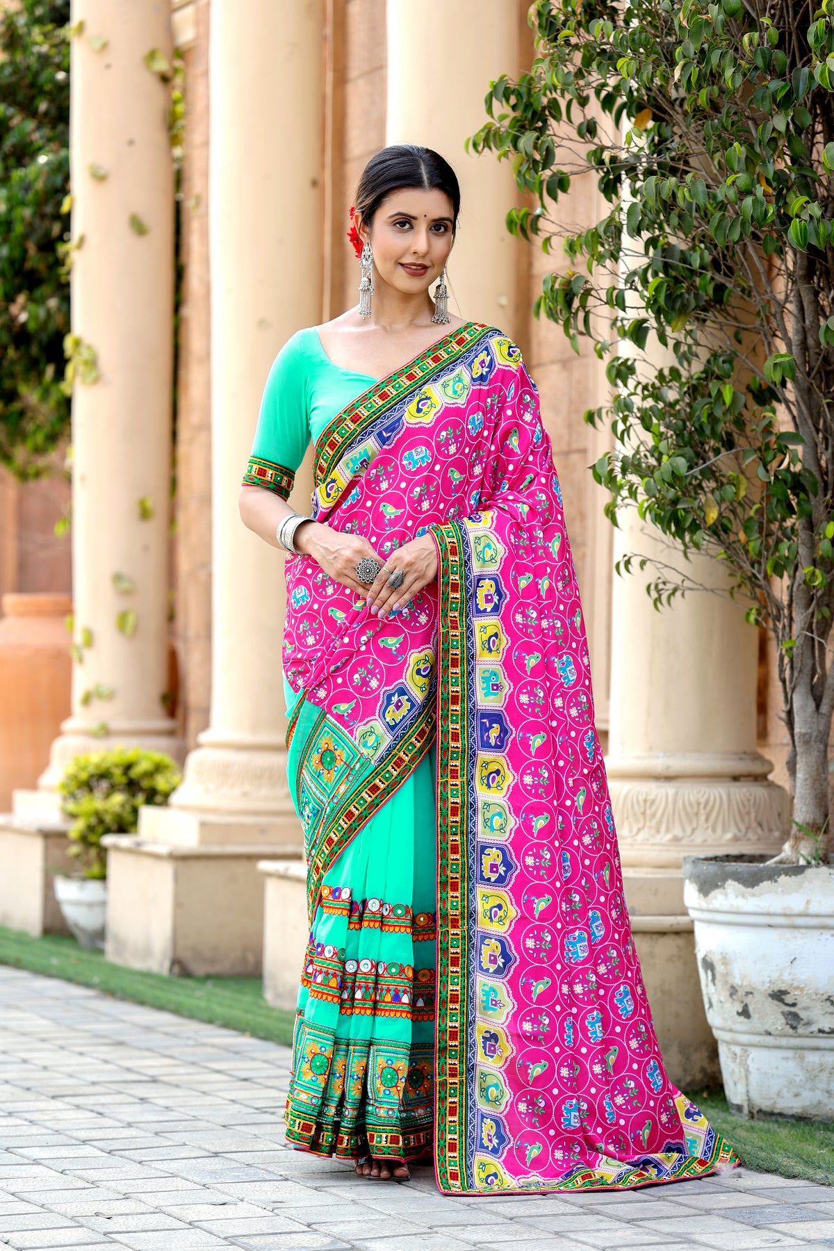 Pink and Turquoise Georgette Half And Half Saree