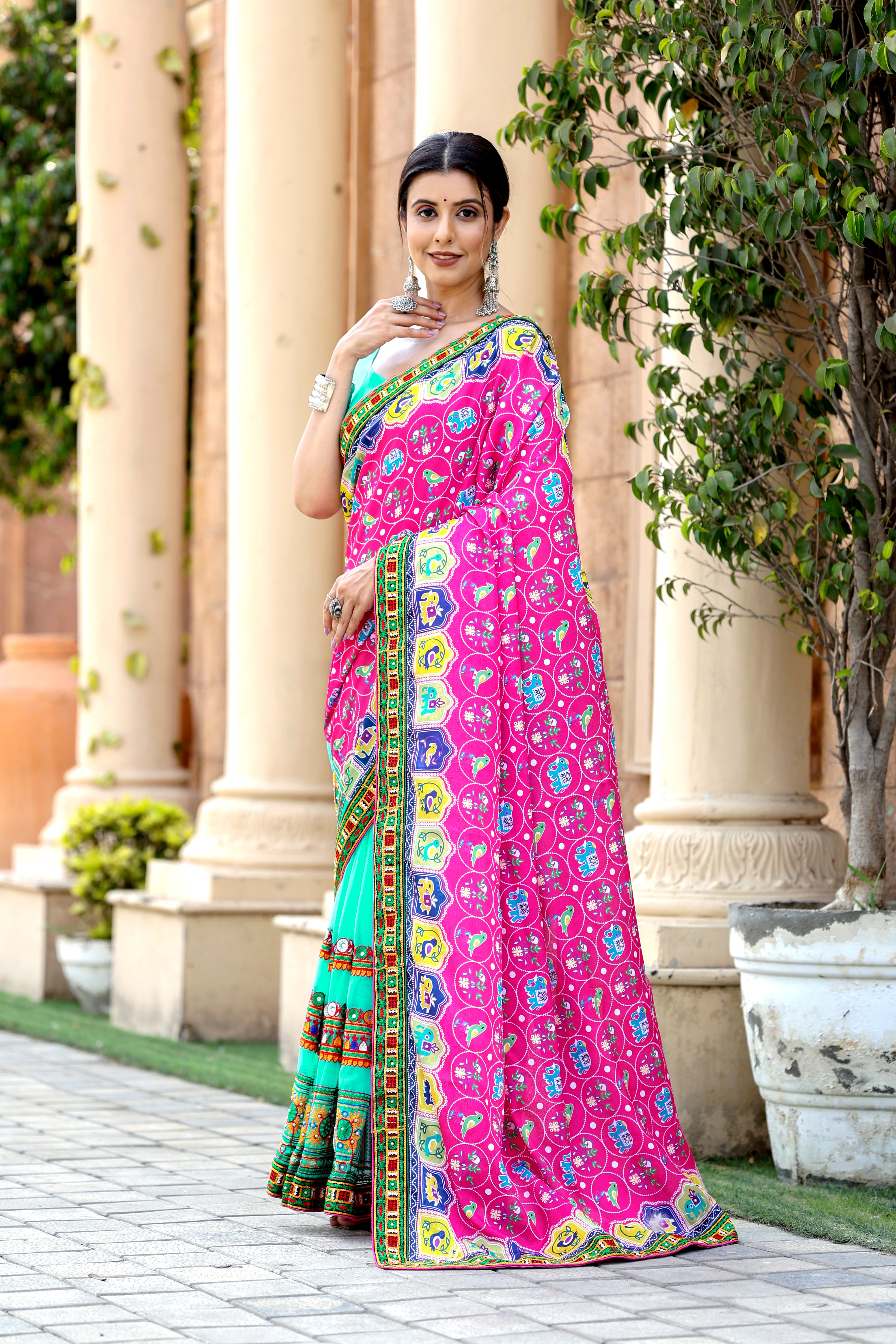 Pink and Turquoise Georgette Half And Half Saree