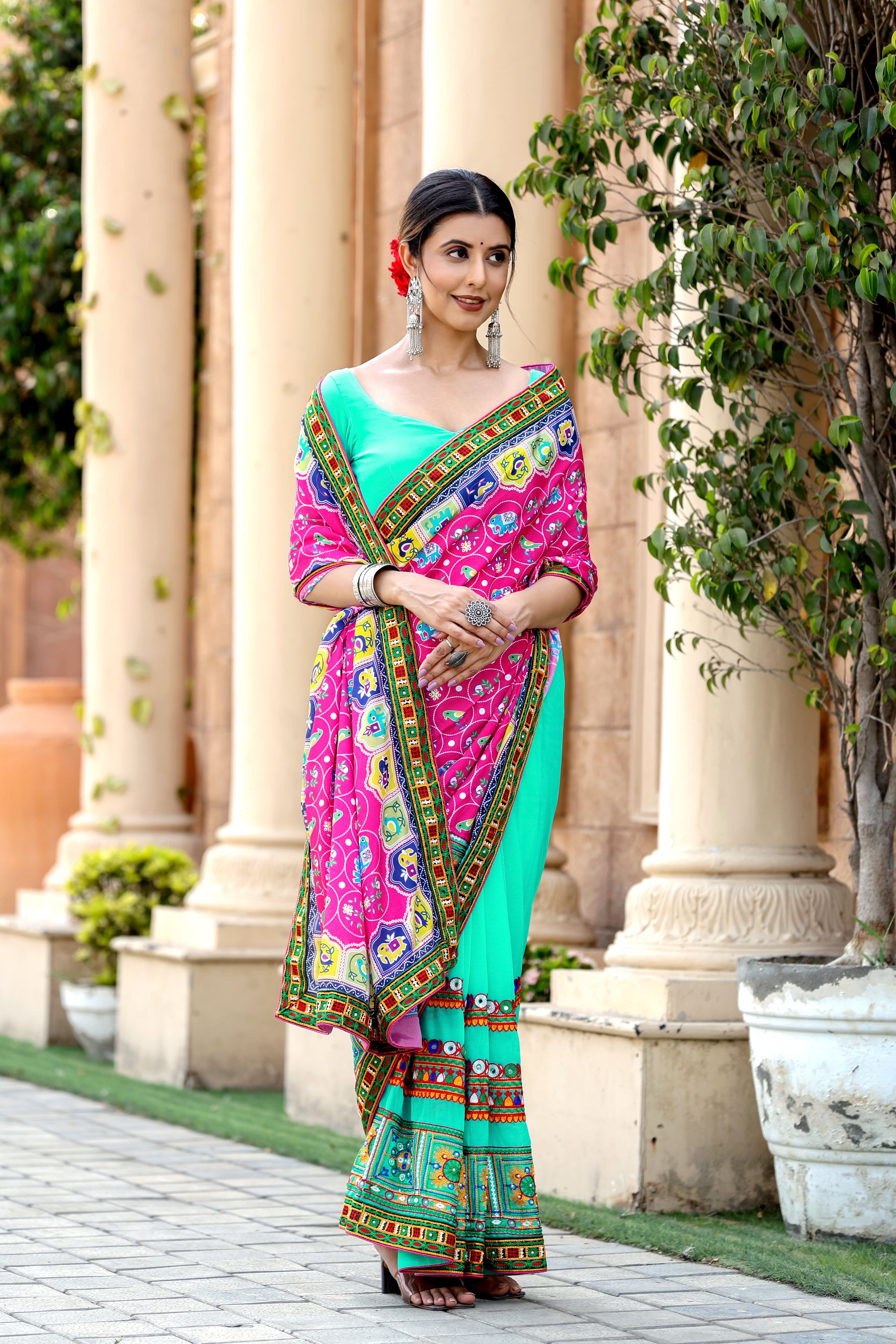 Pink and Turquoise Georgette Half And Half Saree