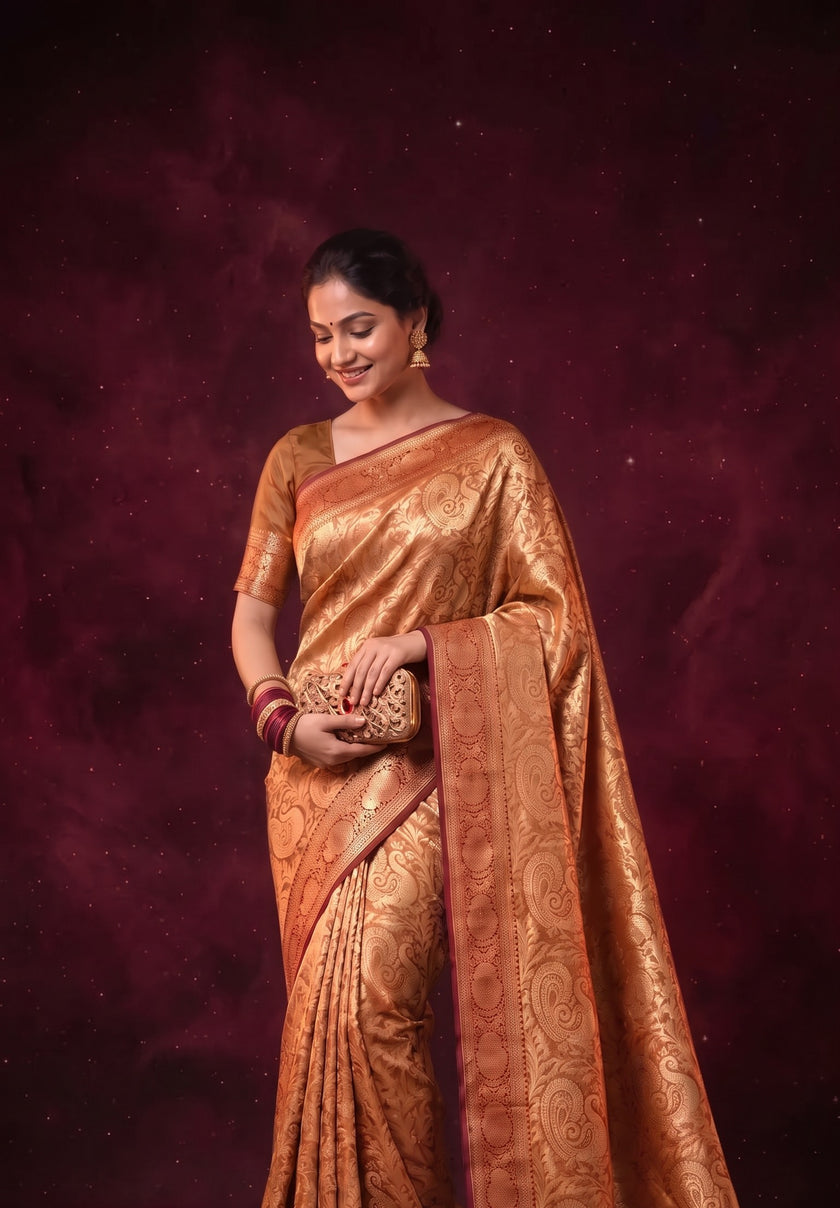 Soft Orange Metallic Shimmer Banarasi Silk Saree
