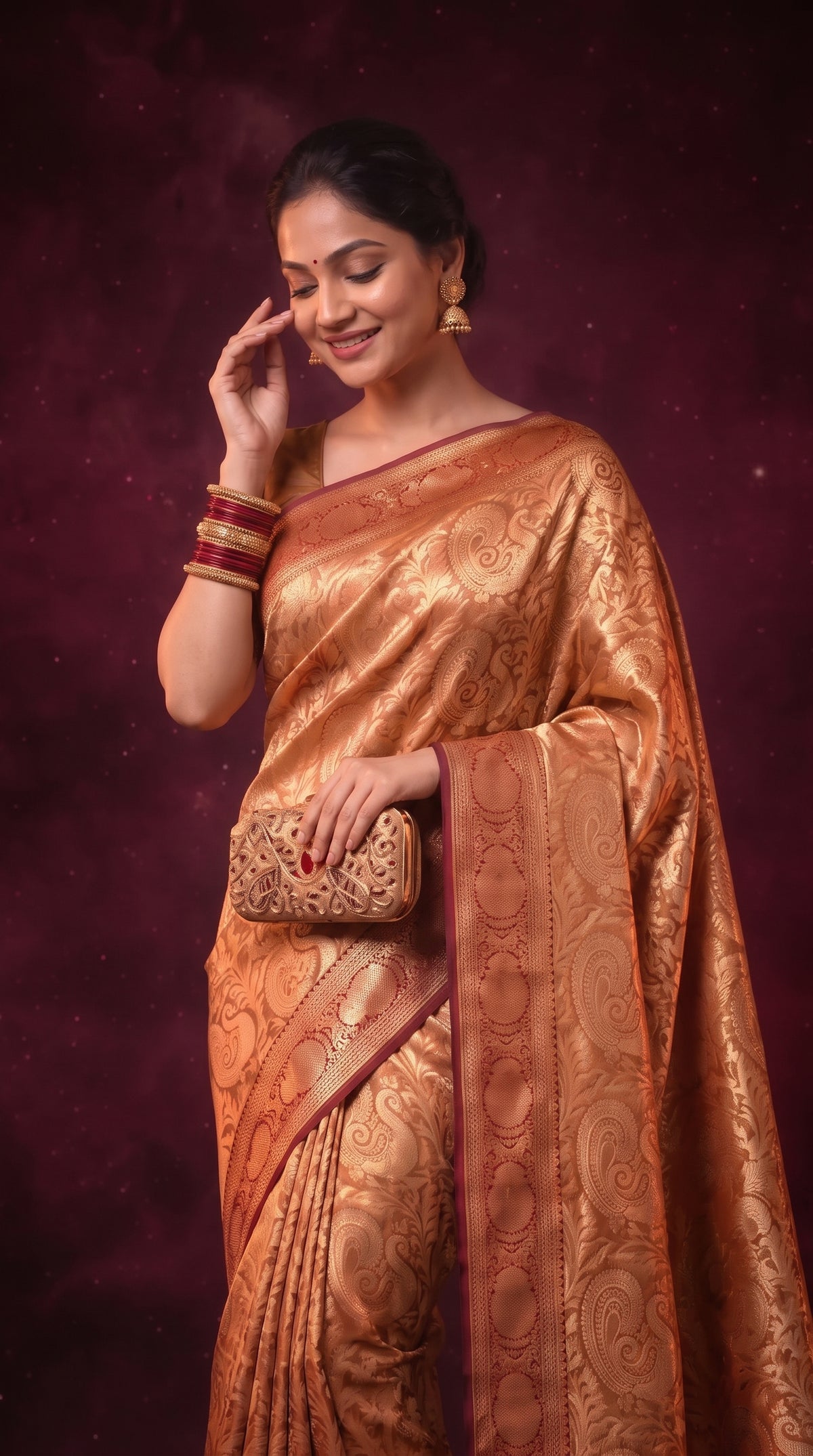 Soft Orange Metallic Shimmer Banarasi Silk Saree