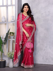 Multi colour embroidery red silk saree for festivals